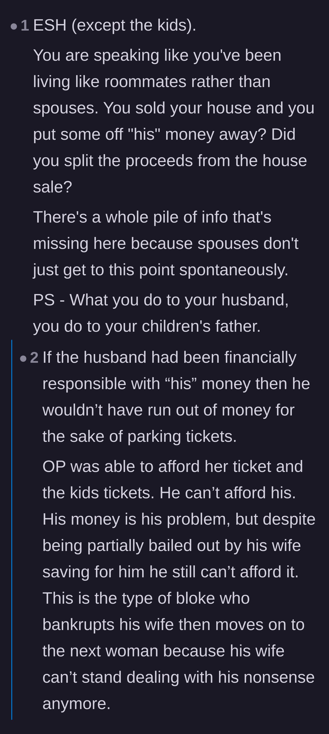 Comment thread 1 - Debate over whether the couple acts like roommates and the mental toll of managing a partner's debt.