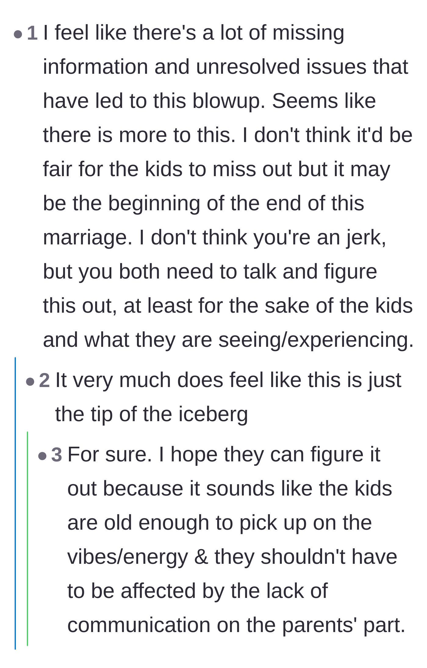 Comment thread 2 - Discussion on how this vacation dispute is just the tip of the iceberg for their failing marriage.