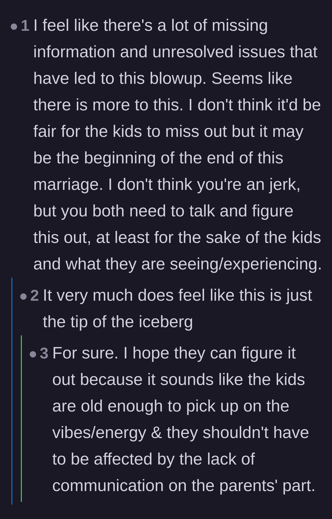 Comment thread 2 - Discussion on how this vacation dispute is just the tip of the iceberg for their failing marriage.