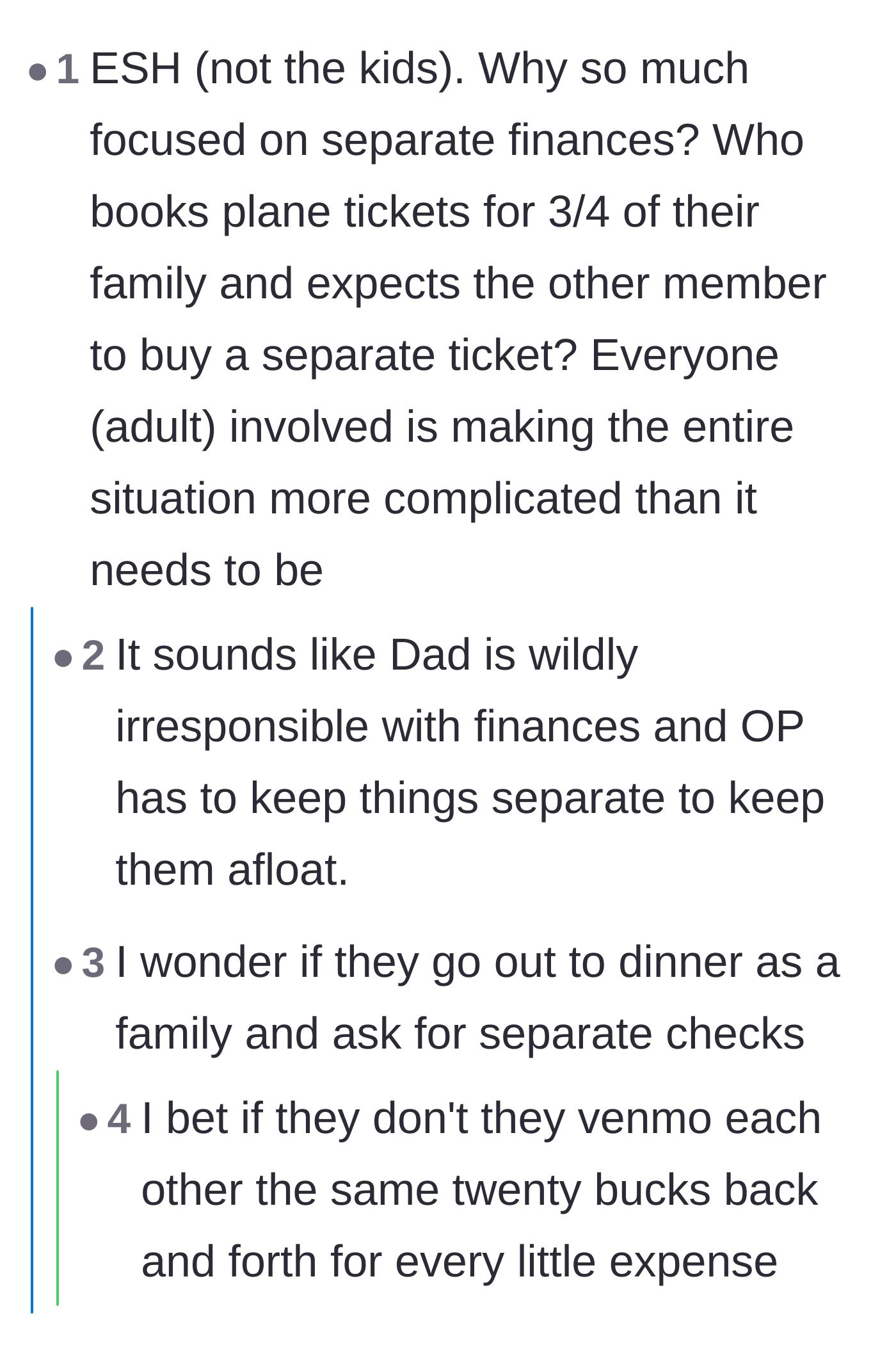 Comment thread 4 - Arguments over whether the wife's separate finances are petty or a necessary survival tactic.