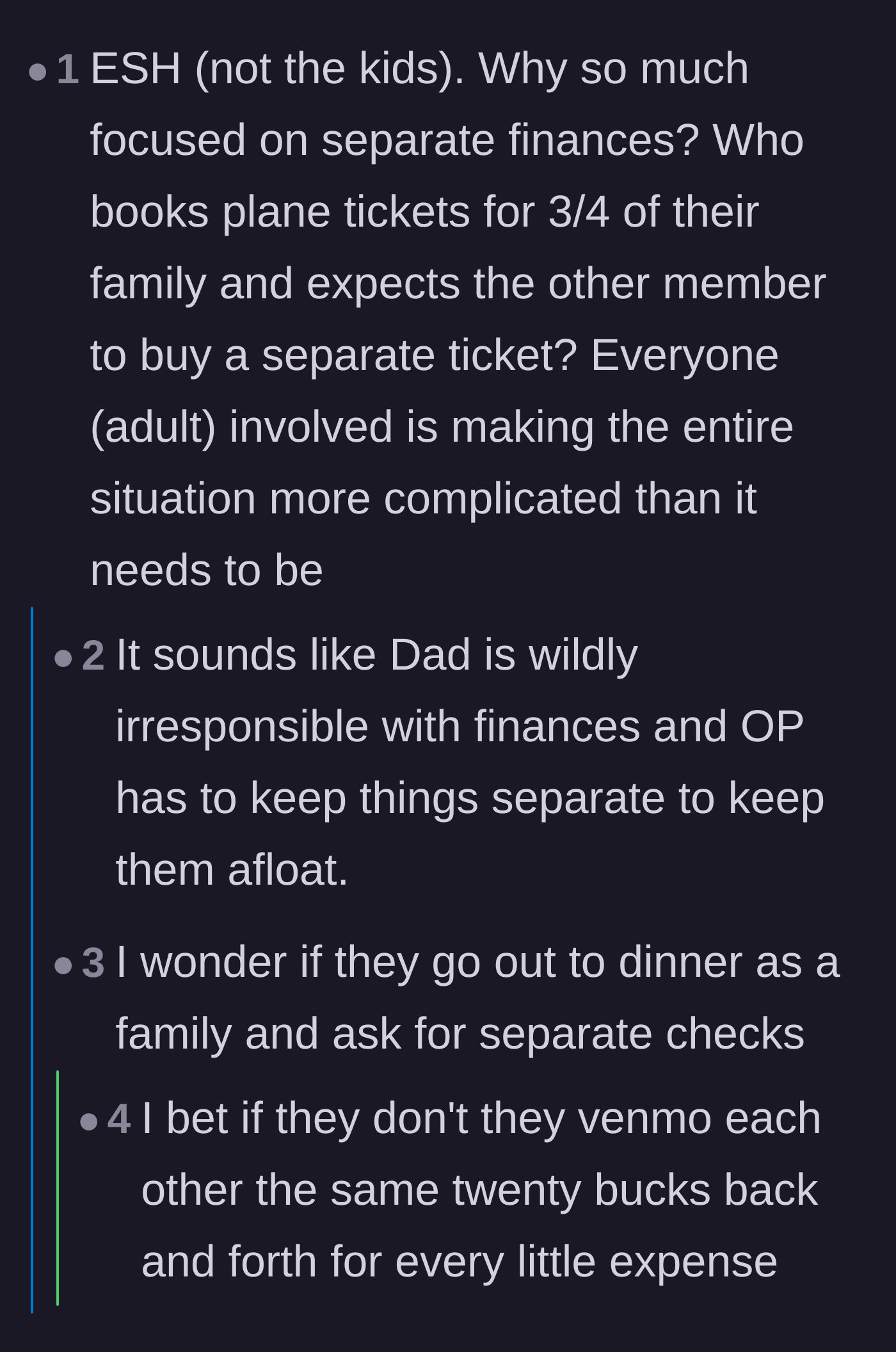Comment thread 4 - Arguments over whether the wife's separate finances are petty or a necessary survival tactic.