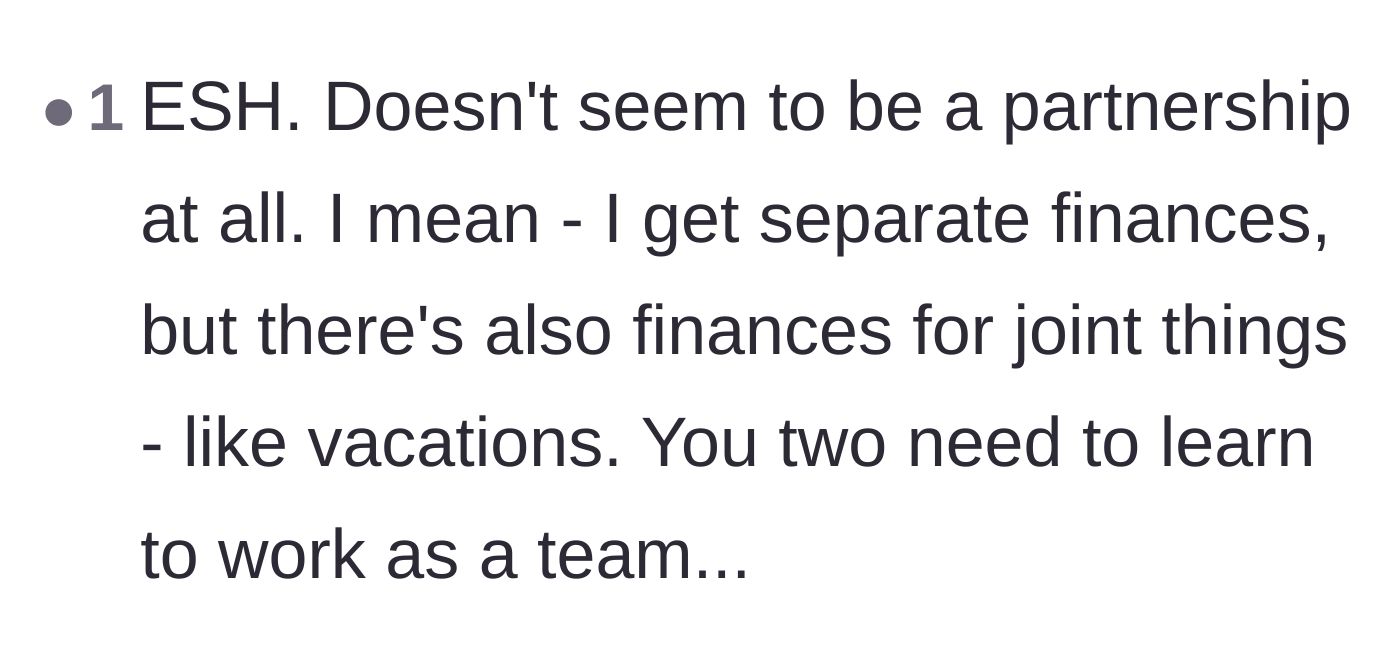 Comment thread 5 - A commenter suggesting the couple needs to learn how to work as a team for joint vacations.