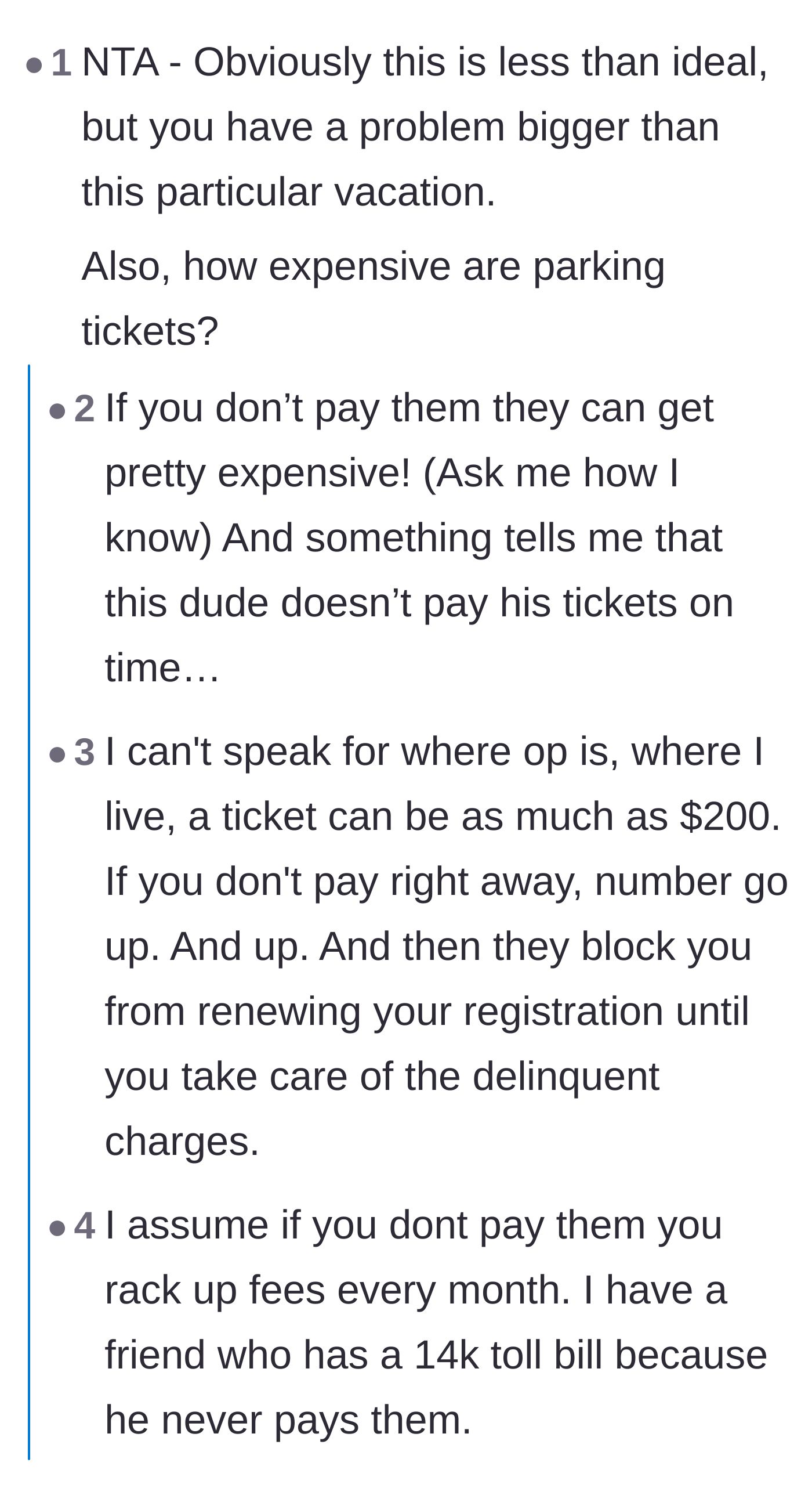 Comment thread 6 - Explanations of how unpaid parking tickets accumulate massive late fees over time.