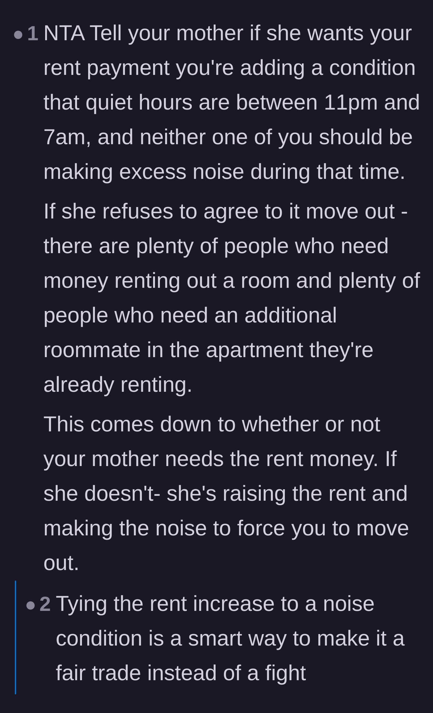 Comment thread 1 - Advice on tying rent payments to a strict quiet hours agreement