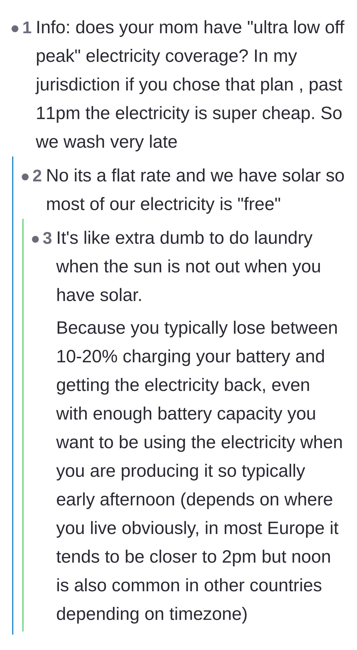 Comment thread 3 - Readers discovering the family has solar panels, making night laundry financially pointless