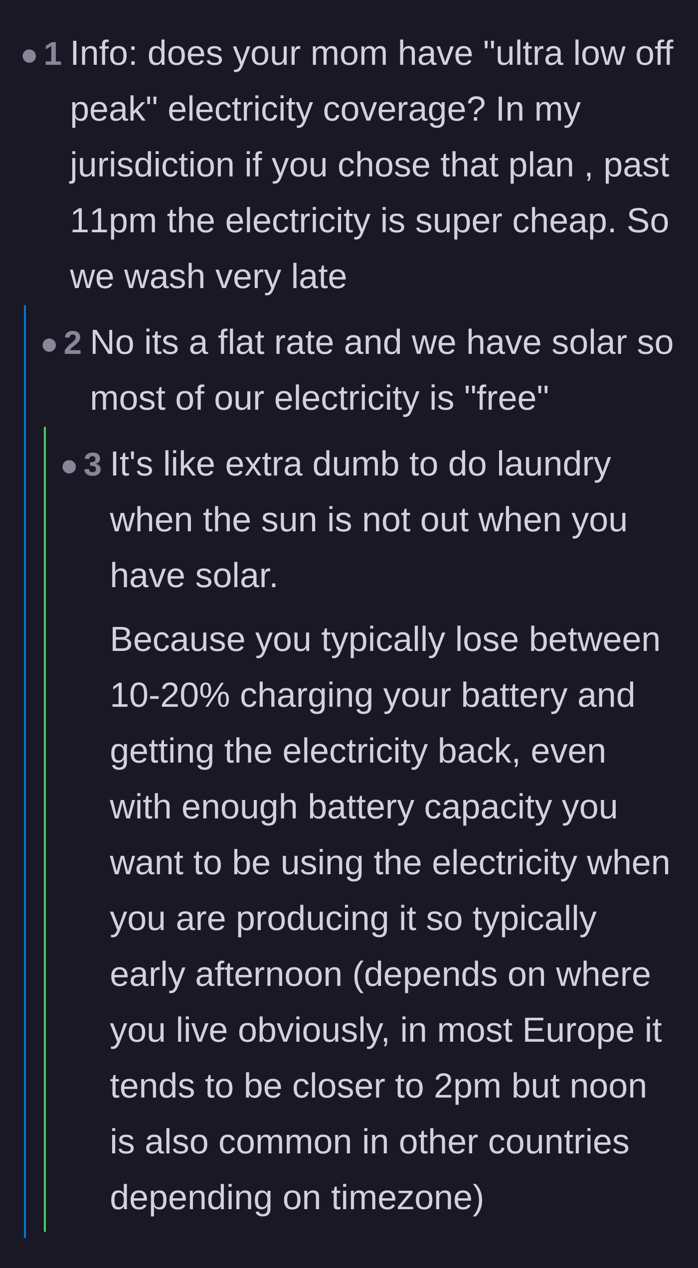 Comment thread 3 - Readers discovering the family has solar panels, making night laundry financially pointless