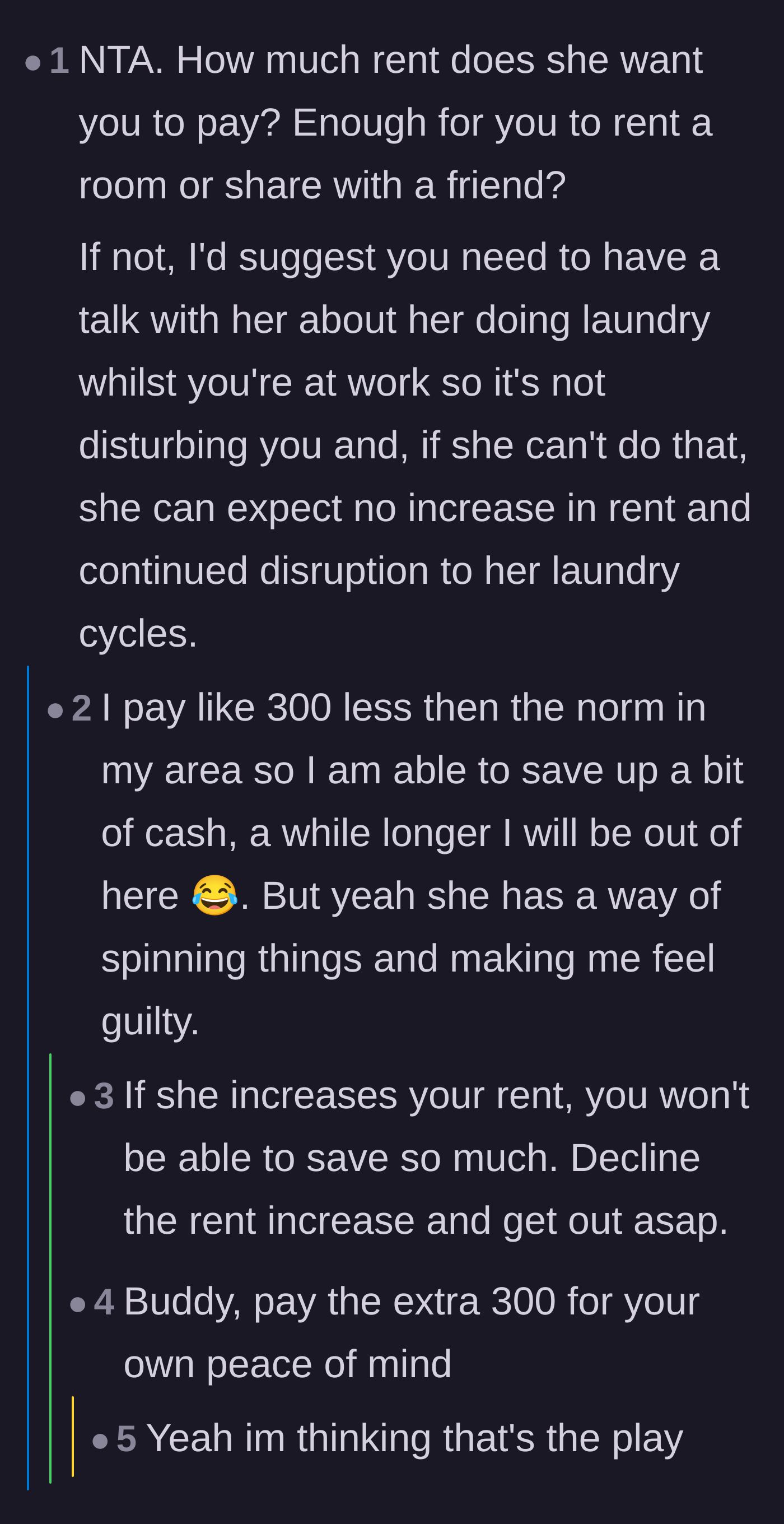 Comment thread 4 - A discussion on whether saving $300 on rent is worth the cost of sleep deprivation