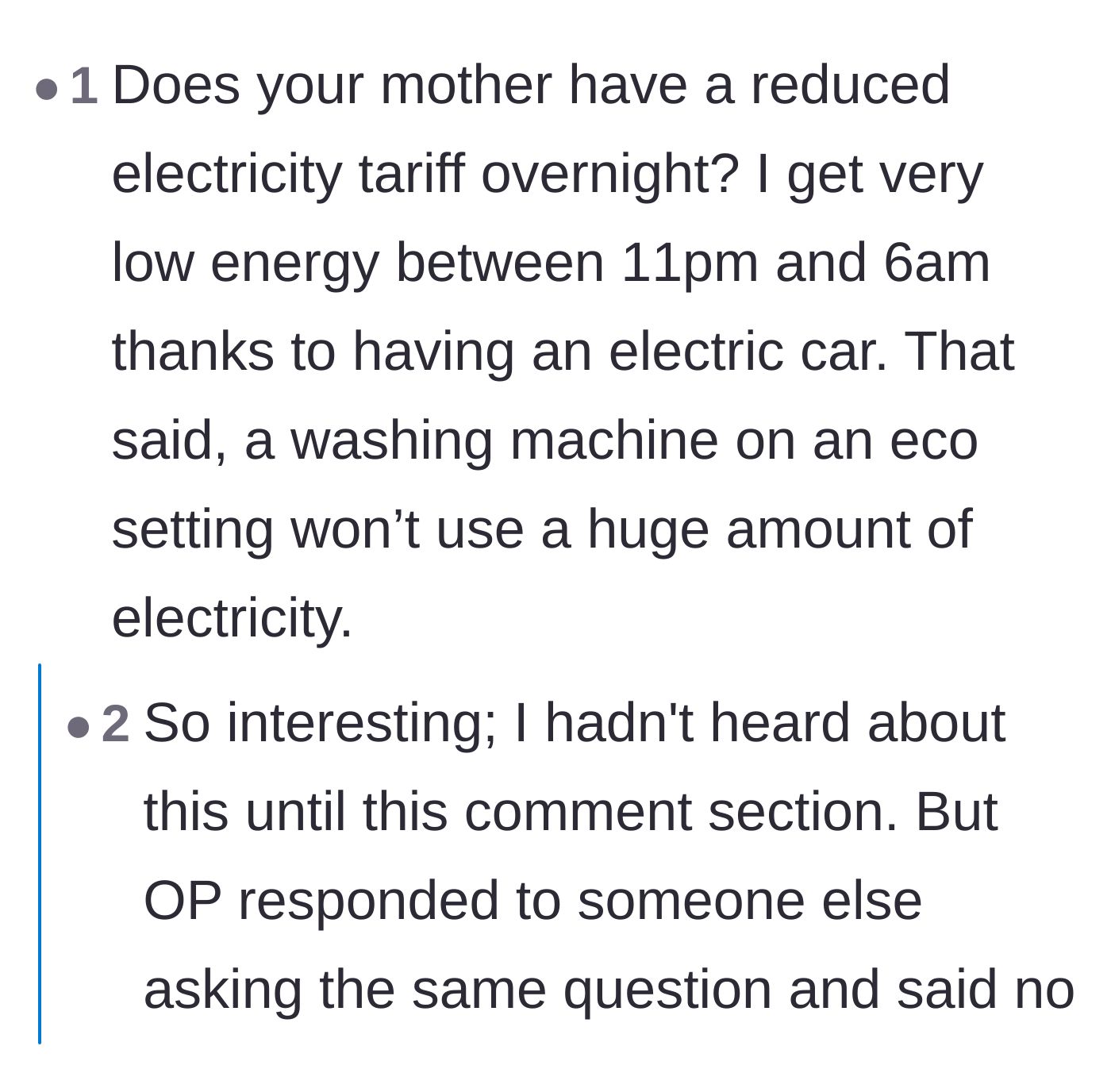 Comment thread 6 - Another user trying to find a logical, energy-saving reason for the mother's schedule