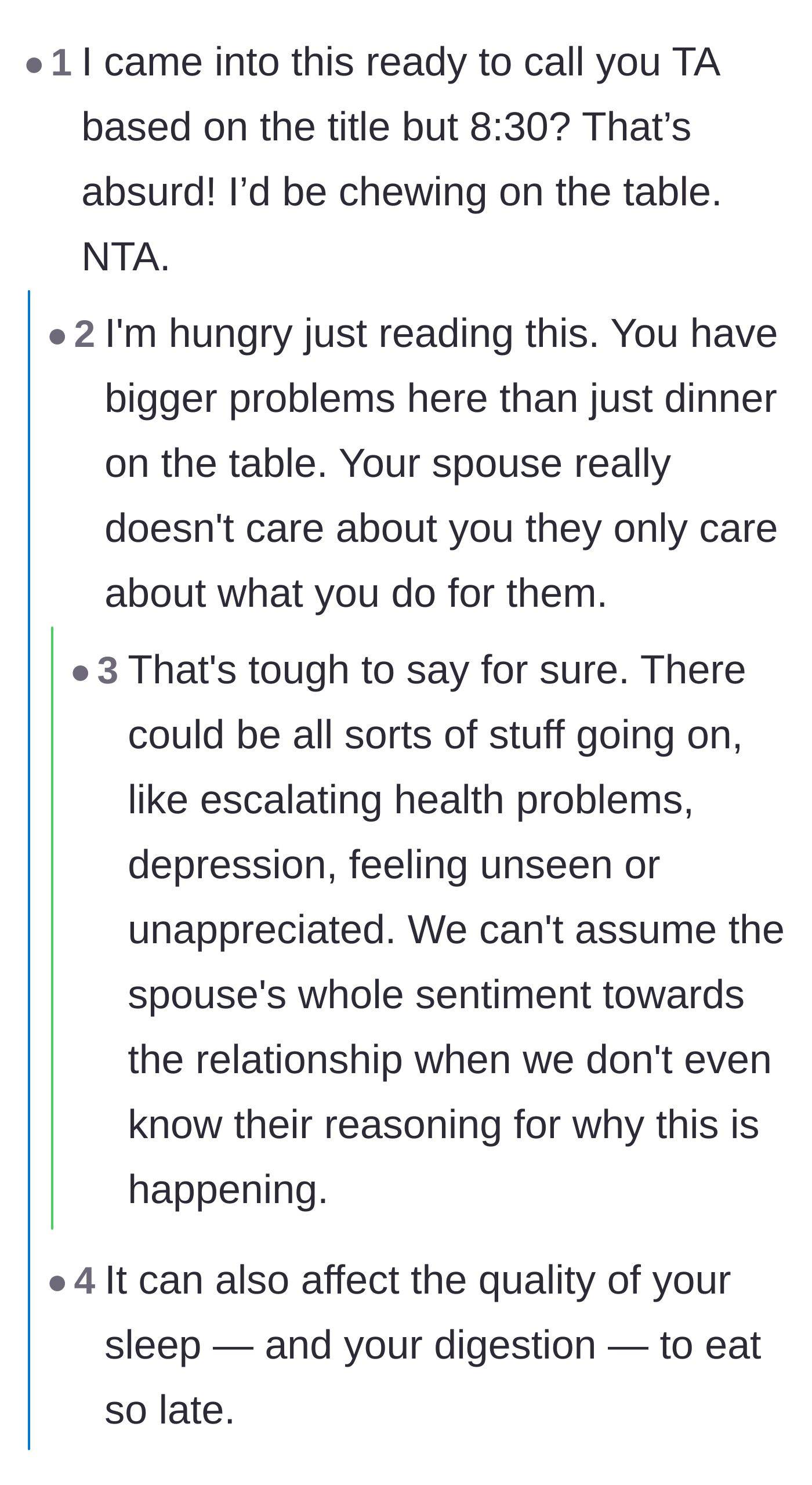 Comment thread 1 - A debate about whether the delayed dinner is a sign of severe depression or just pure selfishness.