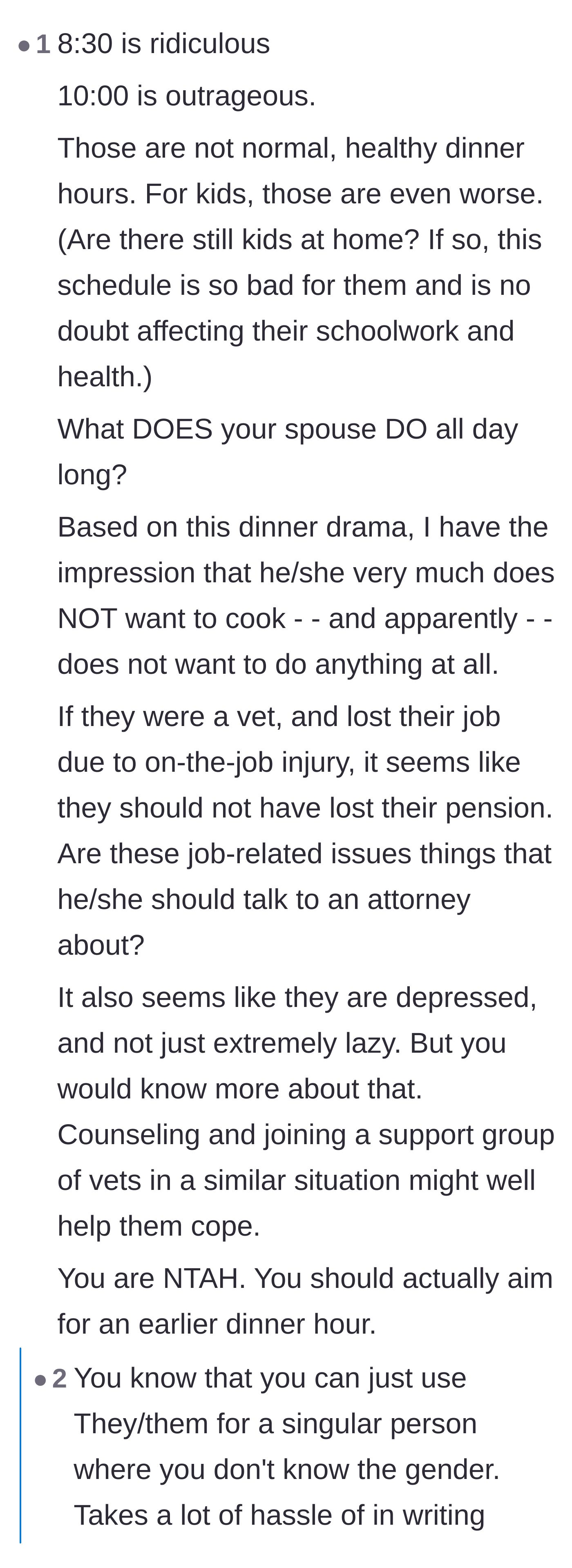 Comment thread 2 - A discussion on whether a 10 PM dinner time is objectively outrageous or just a funny cultural difference.