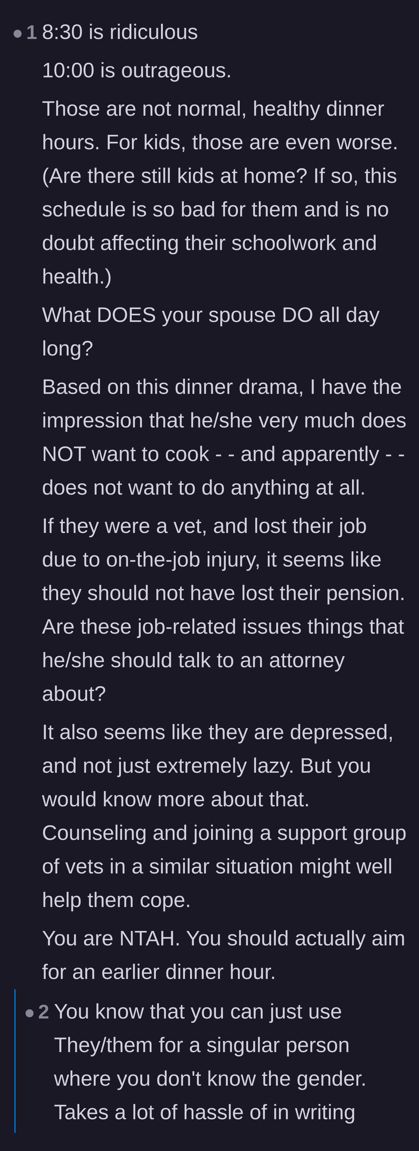 Comment thread 2 - A discussion on whether a 10 PM dinner time is objectively outrageous or just a funny cultural difference.