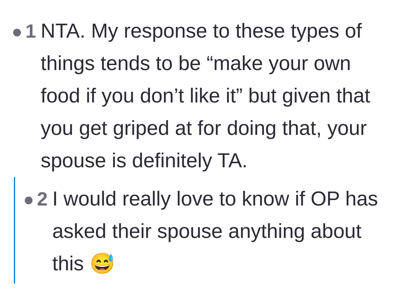 Comment thread 3 - Reactions pointing out the sheer unfairness of the spouse getting angry when the narrator tries to feed themselves.