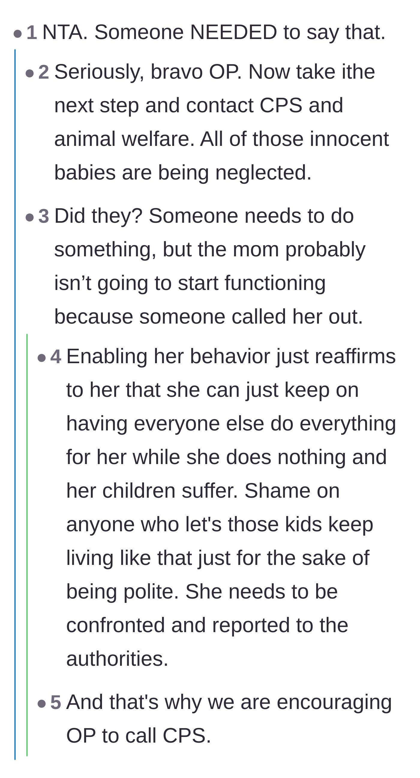 Comment thread 5 - A debate about how scolding the mother isn't enough and actual intervention is required.