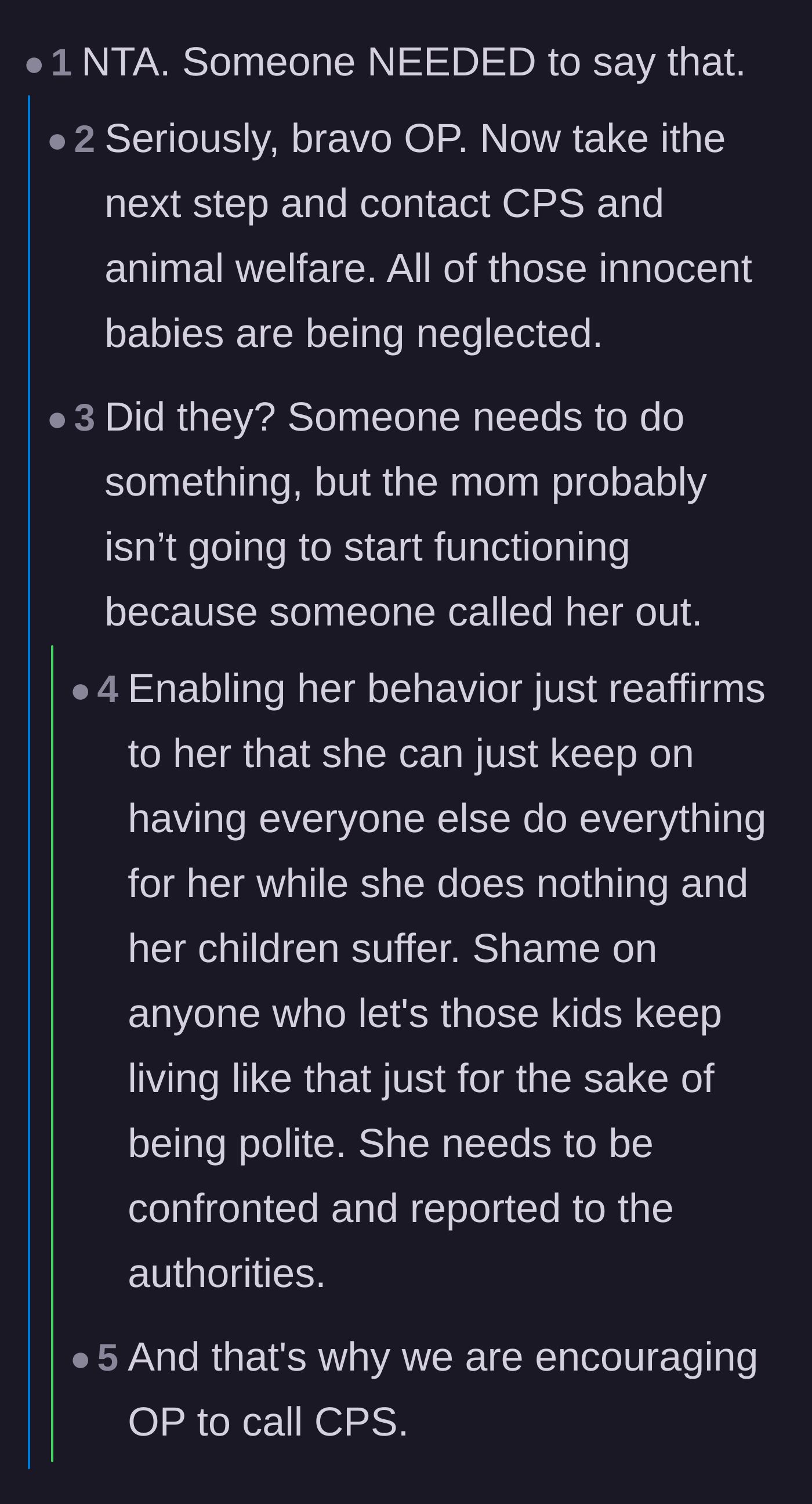 Comment thread 5 - A debate about how scolding the mother isn't enough and actual intervention is required.