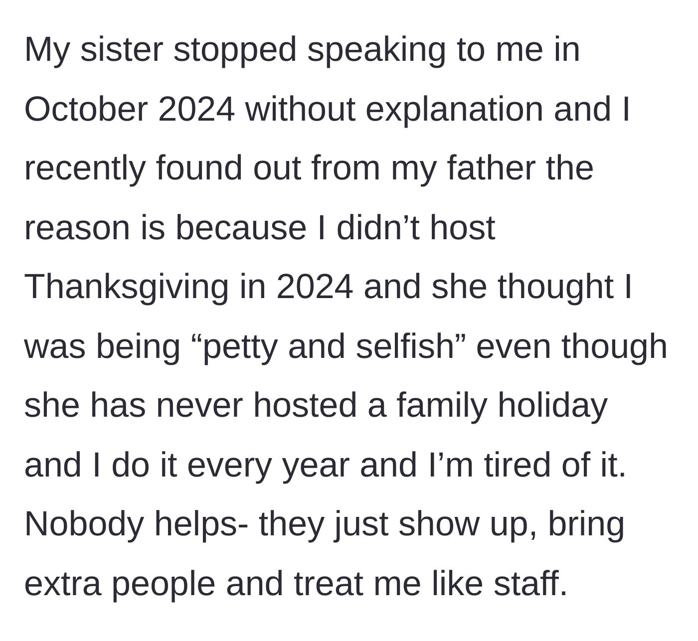 Story part 1 - A split screen showing an exhausted woman in an apron and an angry sister crossing her arms over a missed Thanksgiving dinner.