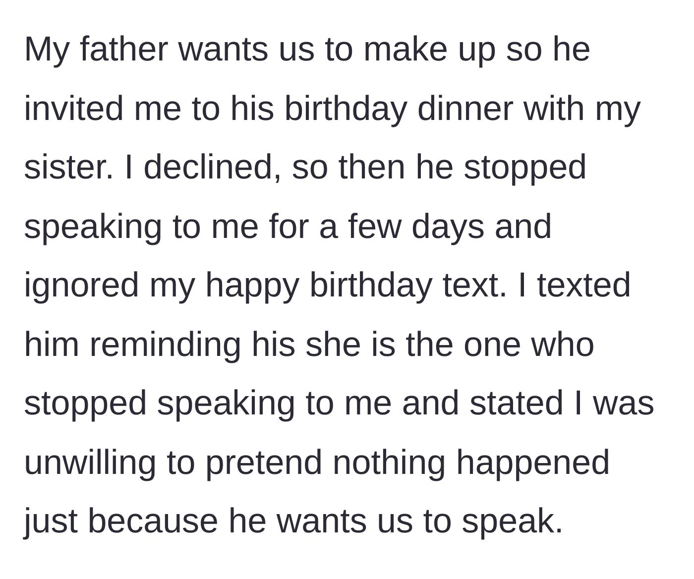 Story part 2 - A father aggressively gesturing at a dinner table while the main character holds up her hand to set a boundary.