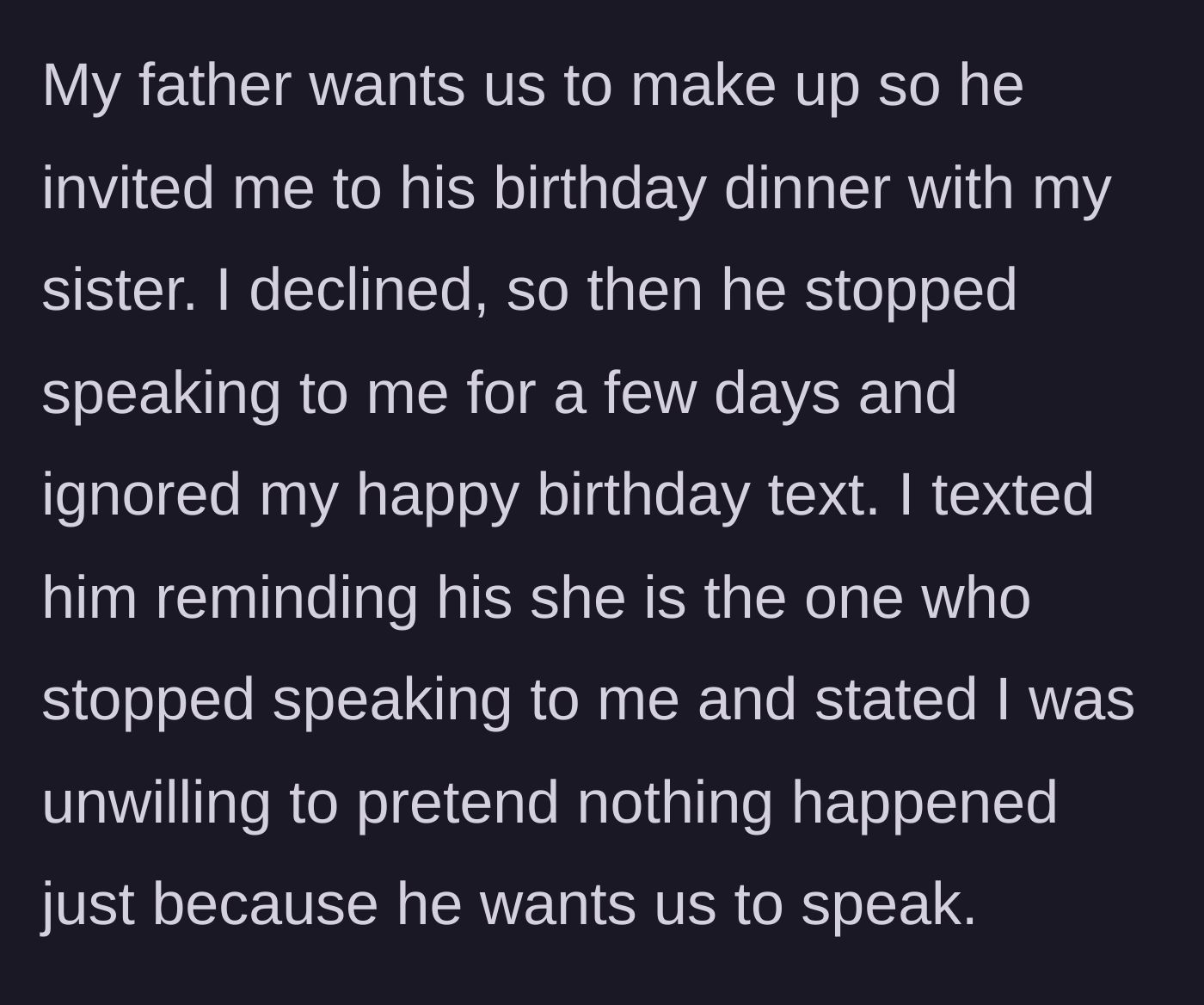 Story part 2 - A father aggressively gesturing at a dinner table while the main character holds up her hand to set a boundary.