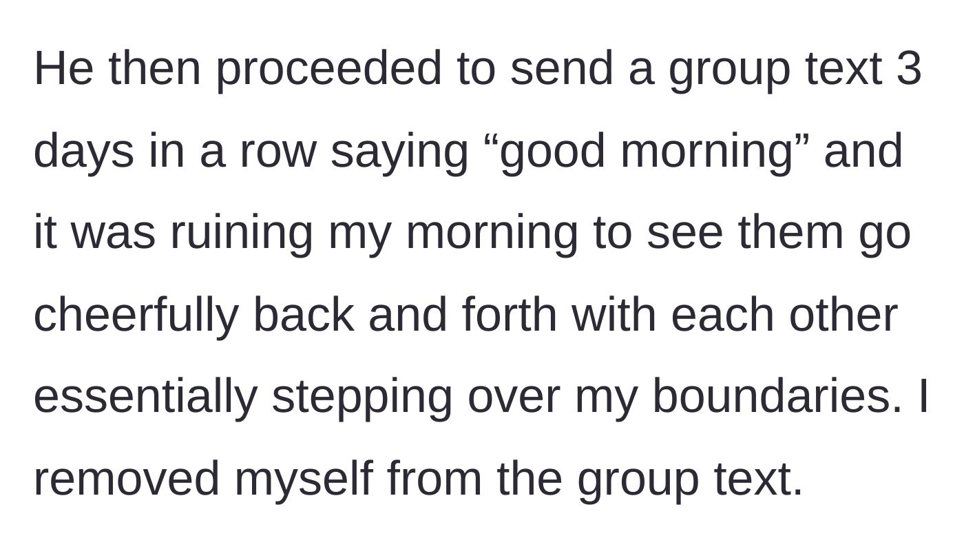 Story part 3 - A phone screen showing cheerful morning texts popping up in a group chat, with the main character looking stressed in the background.