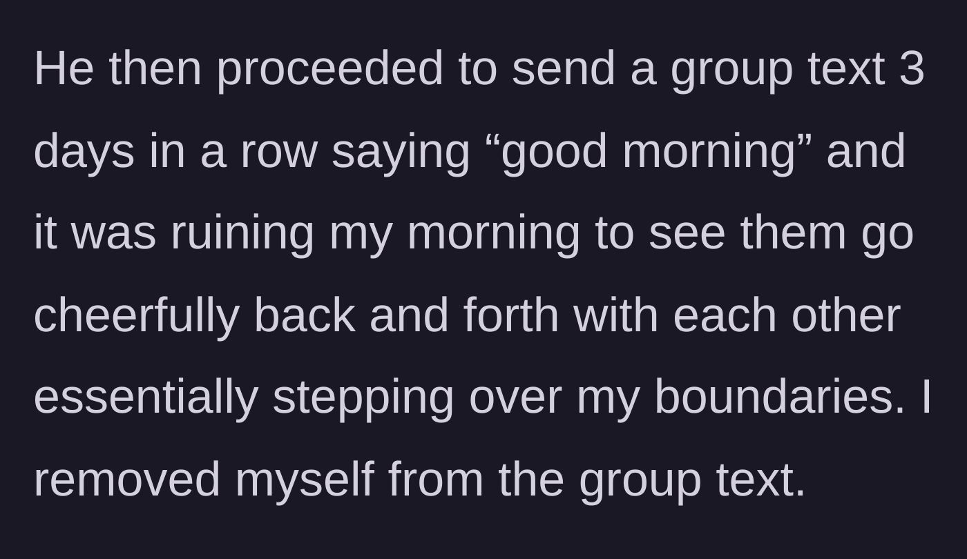 Story part 3 - A phone screen showing cheerful morning texts popping up in a group chat, with the main character looking stressed in the background.
