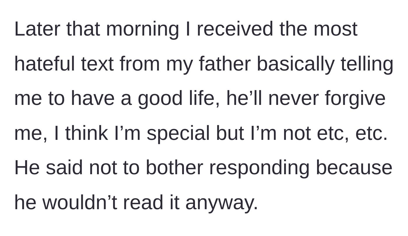 Story part 4 - A close up of a devastatingly cruel text message from a father, glowing on a phone screen in a dark room.