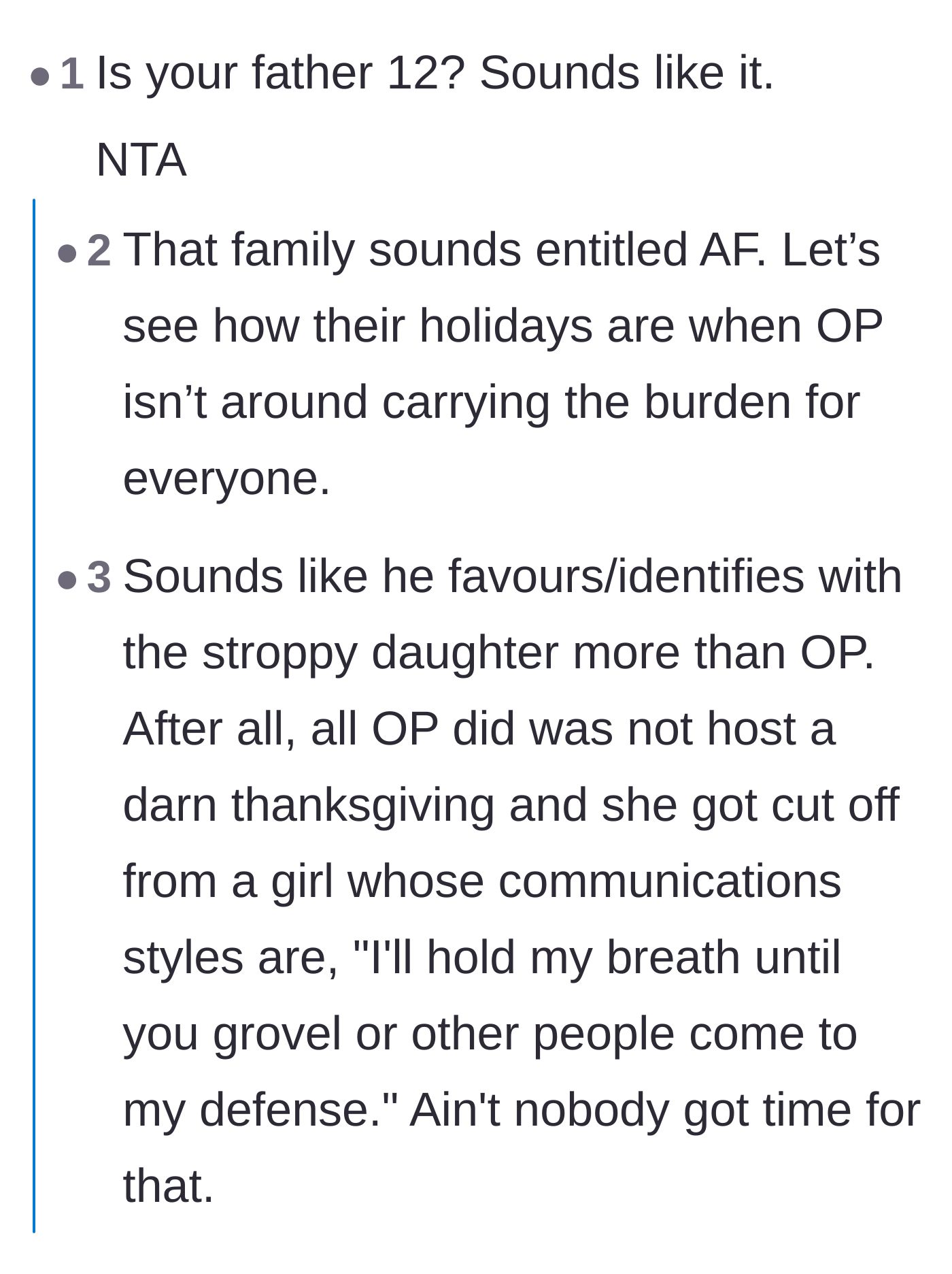 Comment thread 1 - Discussing the father's emotional immaturity and obvious favoritism toward the entitled sister.
