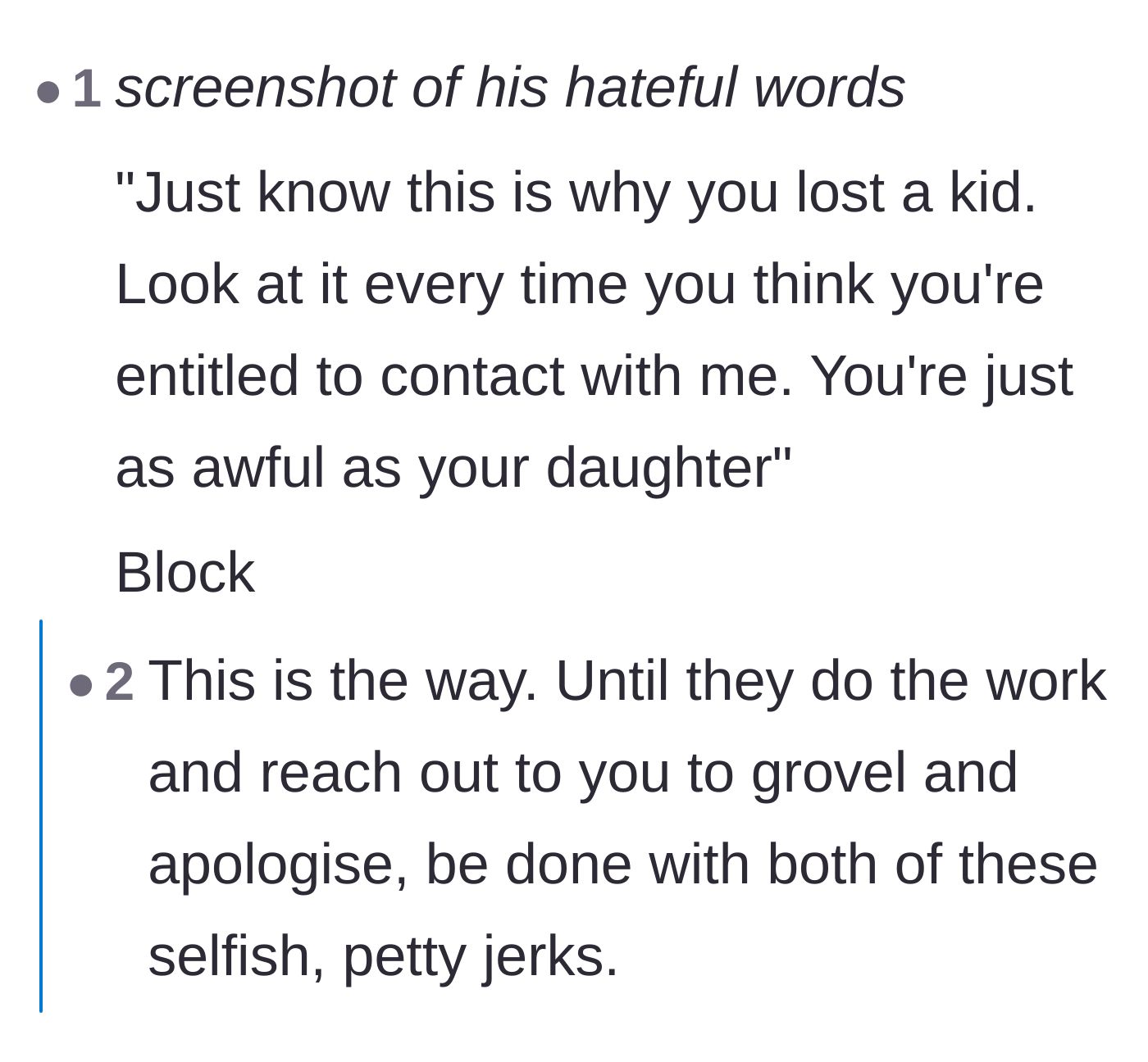 Comment thread 3 - Recommending she send a final devastating text with a screenshot of his abuse before blocking him.