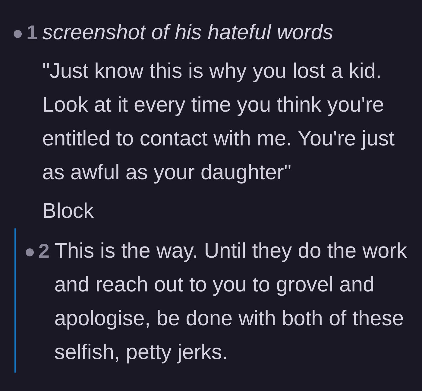 Comment thread 3 - Recommending she send a final devastating text with a screenshot of his abuse before blocking him.