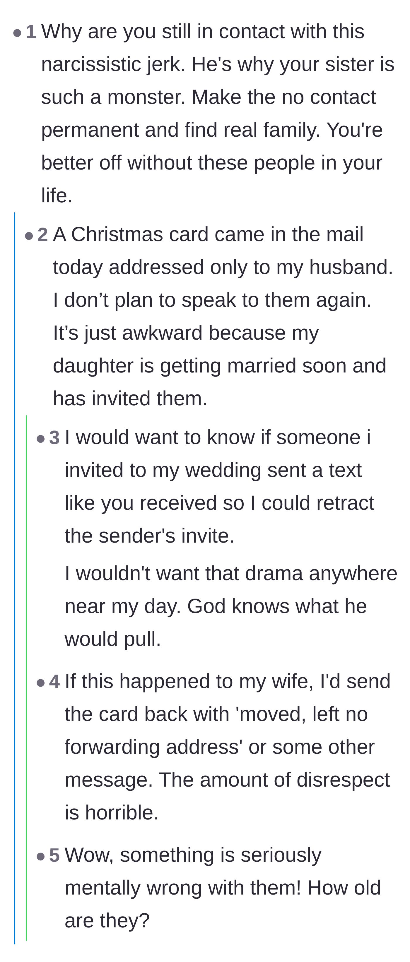 Comment thread 5 - Revealing the father and sister's shocking ages and a petty Christmas card that excluded the main character.