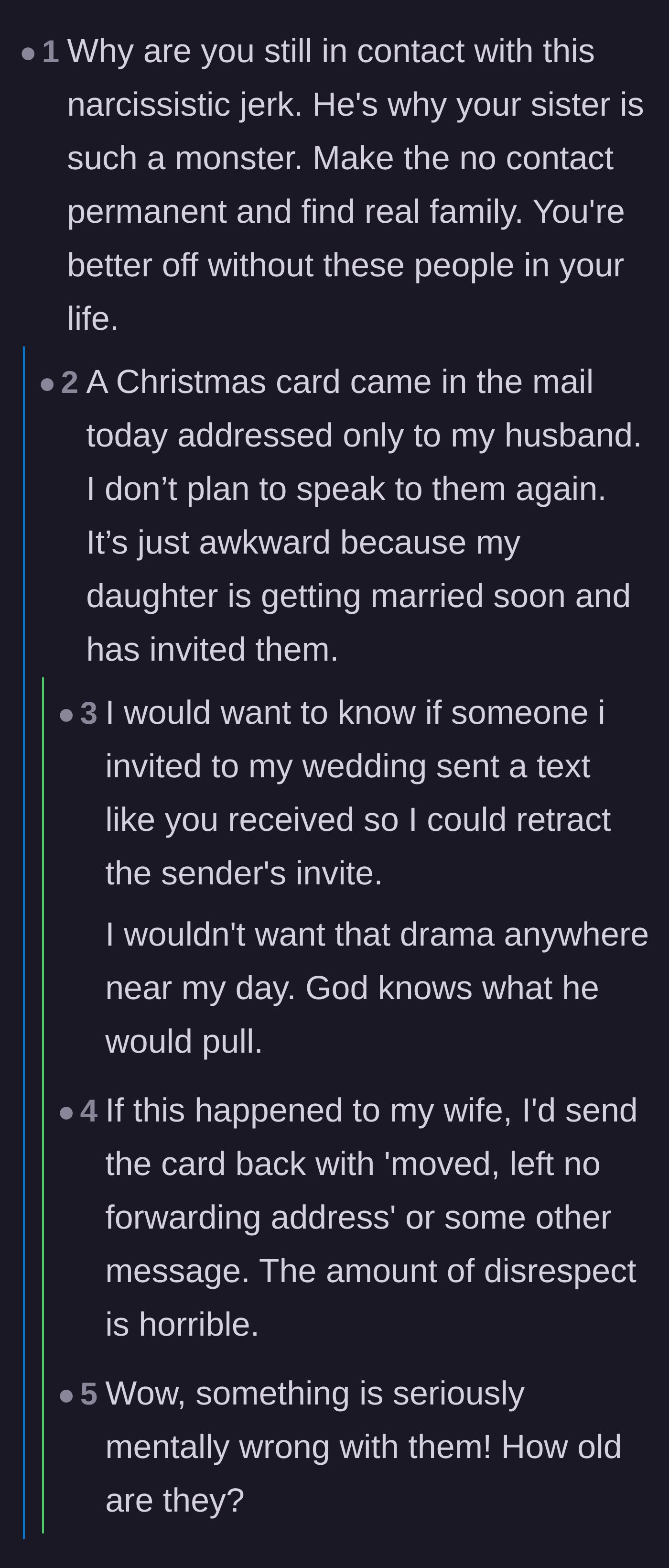 Comment thread 5 - Revealing the father and sister's shocking ages and a petty Christmas card that excluded the main character.
