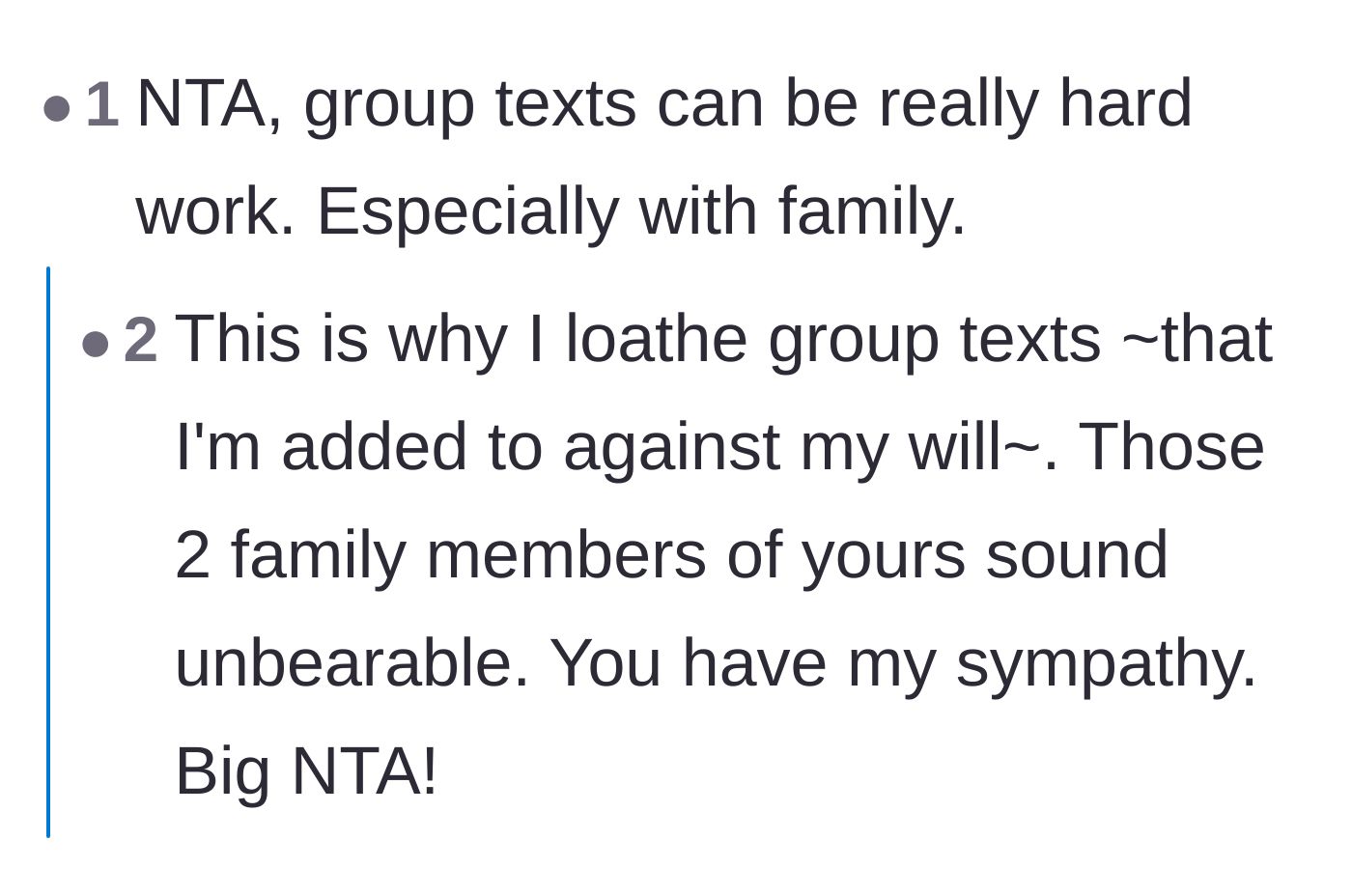 Comment thread 6 - Commiserating about the unique torture of being forced into toxic family group chats.