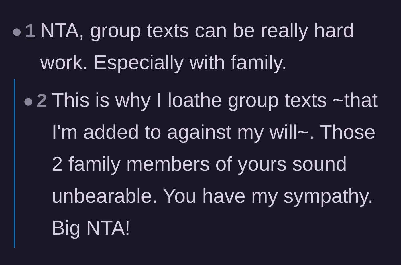 Comment thread 6 - Commiserating about the unique torture of being forced into toxic family group chats.