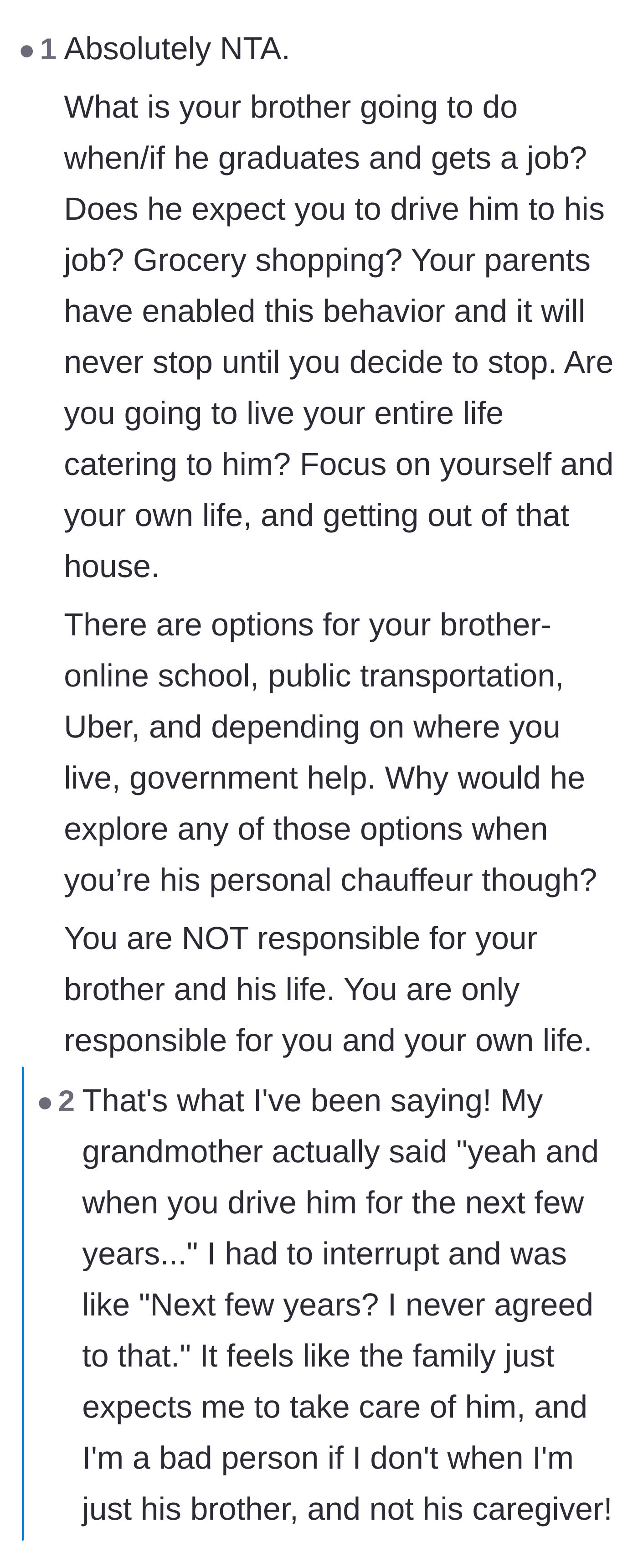 Comment thread 4 - Readers reacting in horror to the grandmother's expectation that the author will chauffeur the brother for years to come.