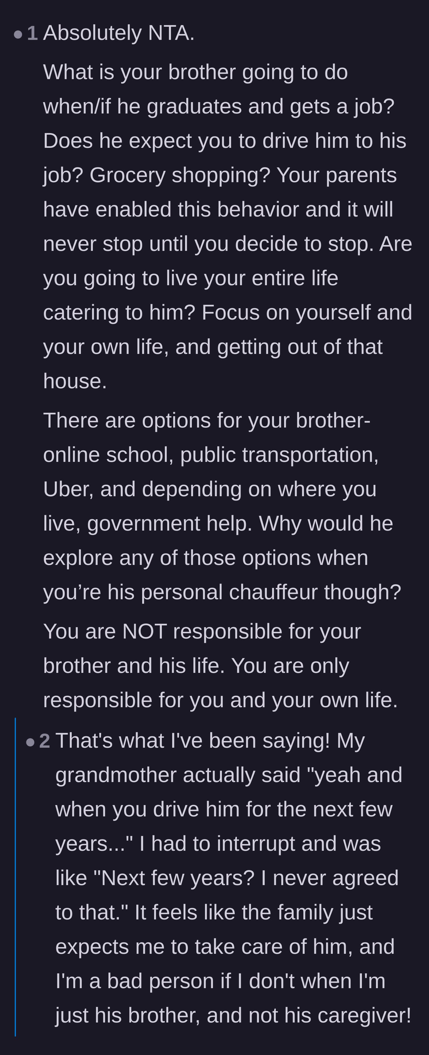 Comment thread 4 - Readers reacting in horror to the grandmother's expectation that the author will chauffeur the brother for years to come.
