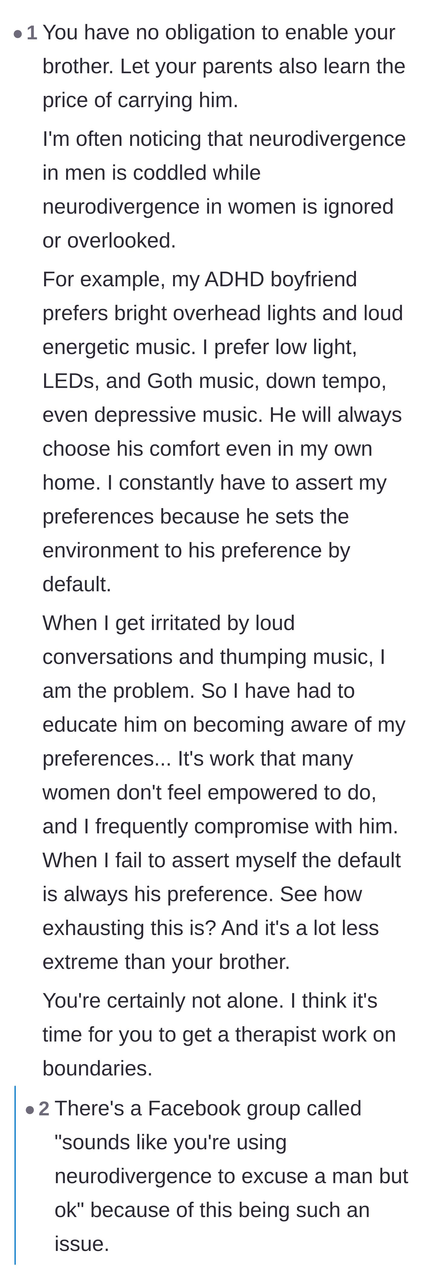 Comment thread 5 - A deep dive into how society coddles neurodivergent men while expecting neurodivergent women to simply compromise and deal with it.