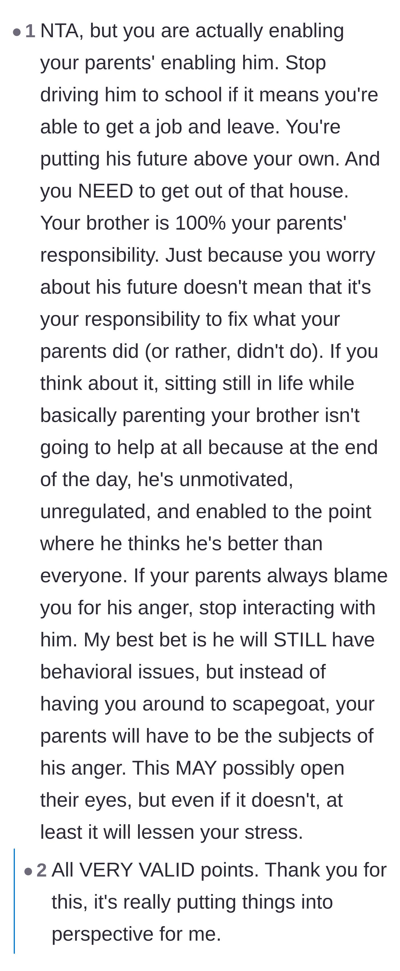 Comment thread 6 - A commenter explaining that by covering for the brother, the author is actually enabling the parents' parental neglect.