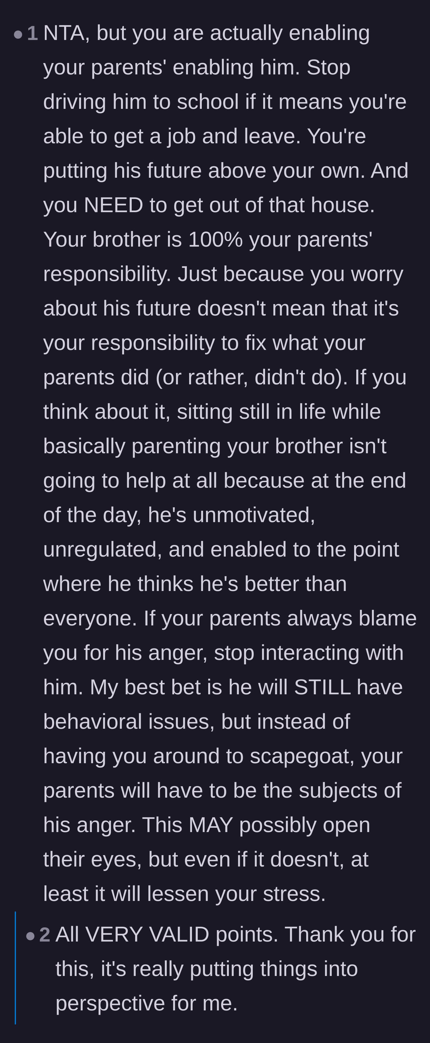 Comment thread 6 - A commenter explaining that by covering for the brother, the author is actually enabling the parents' parental neglect.
