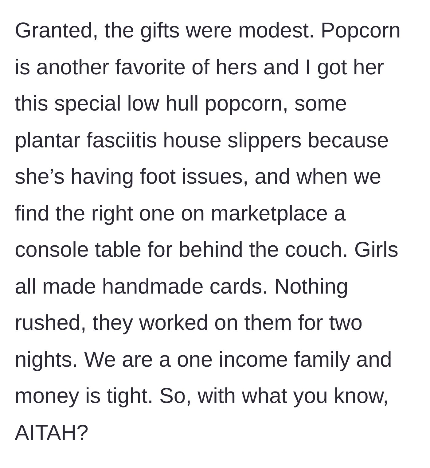 Story part 5 - The husband explains their tight single-income budget and describes the thoughtful gifts and handmade cards the daughters spent two nights making.