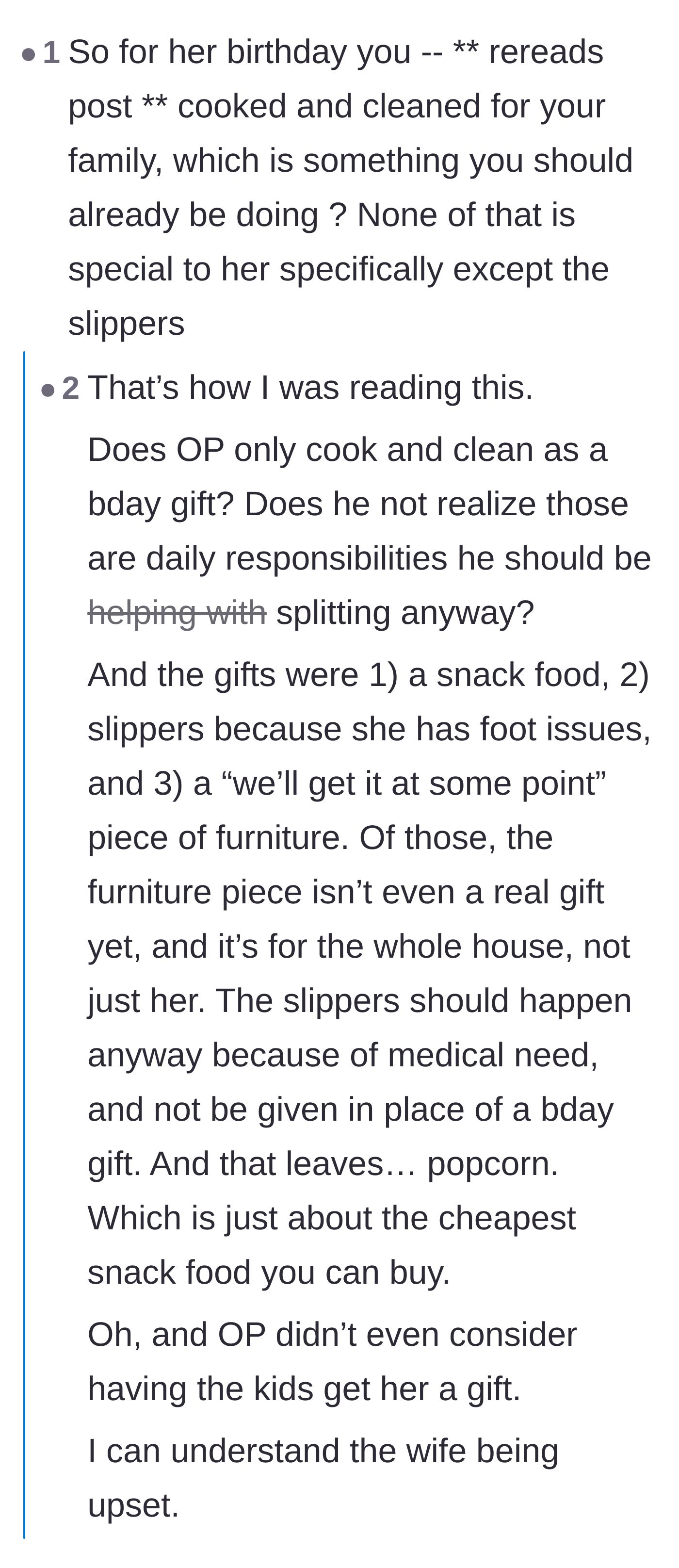 Comment thread 1 - Readers dissecting the husband's list of chores, gifts, and morning affection