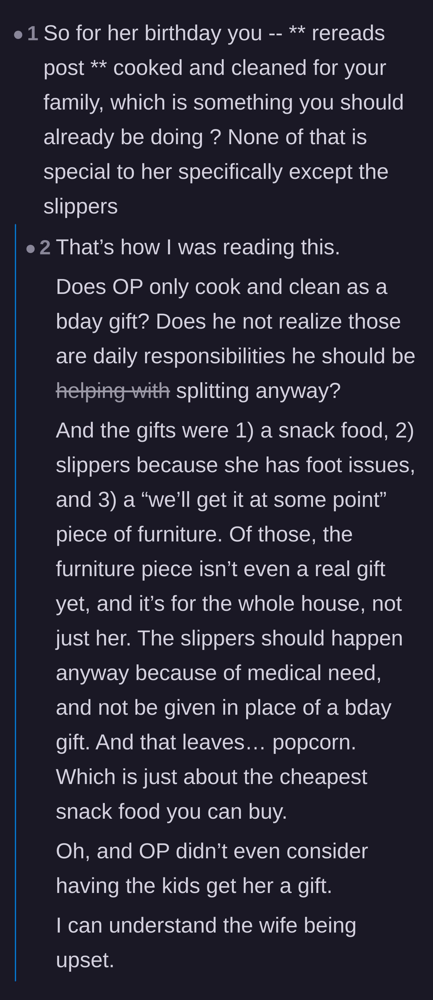 Comment thread 1 - Readers dissecting the husband's list of chores, gifts, and morning affection