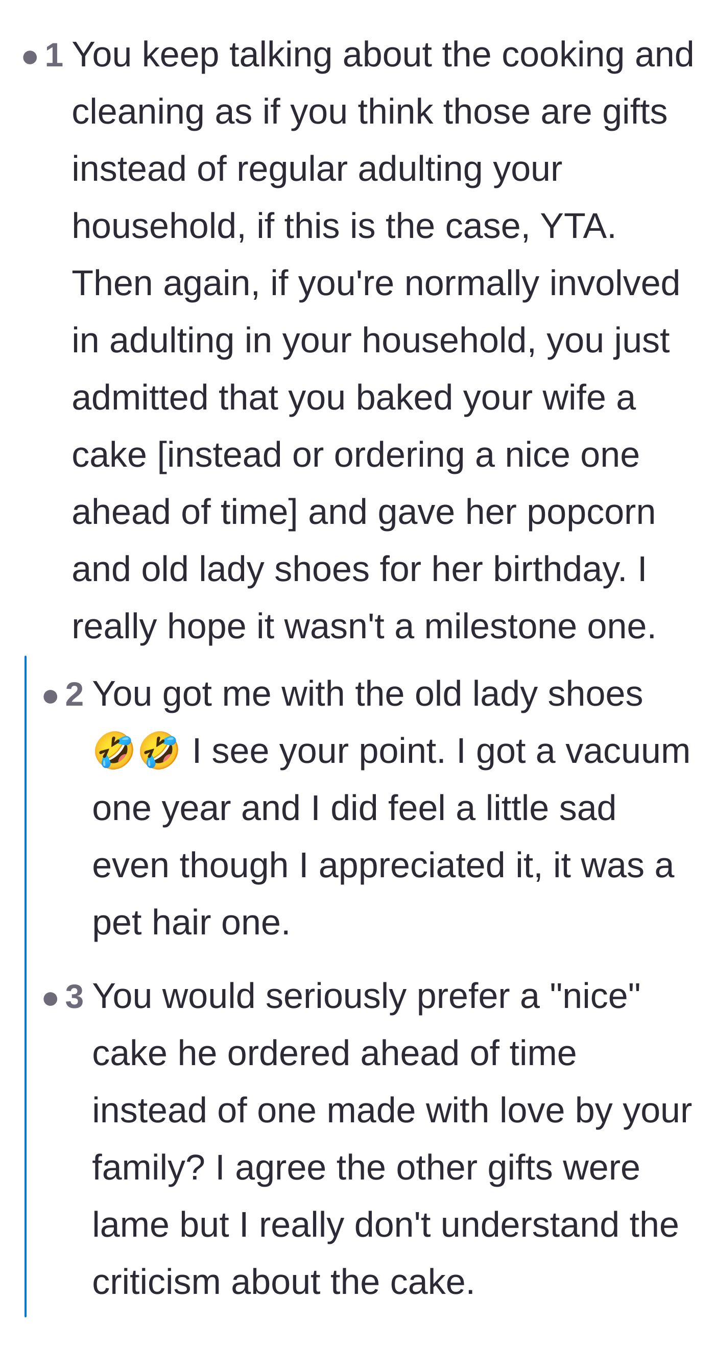 Comment thread 2 - Discussion on practical household gifts versus personal presents and neglected spouses sharing their stories