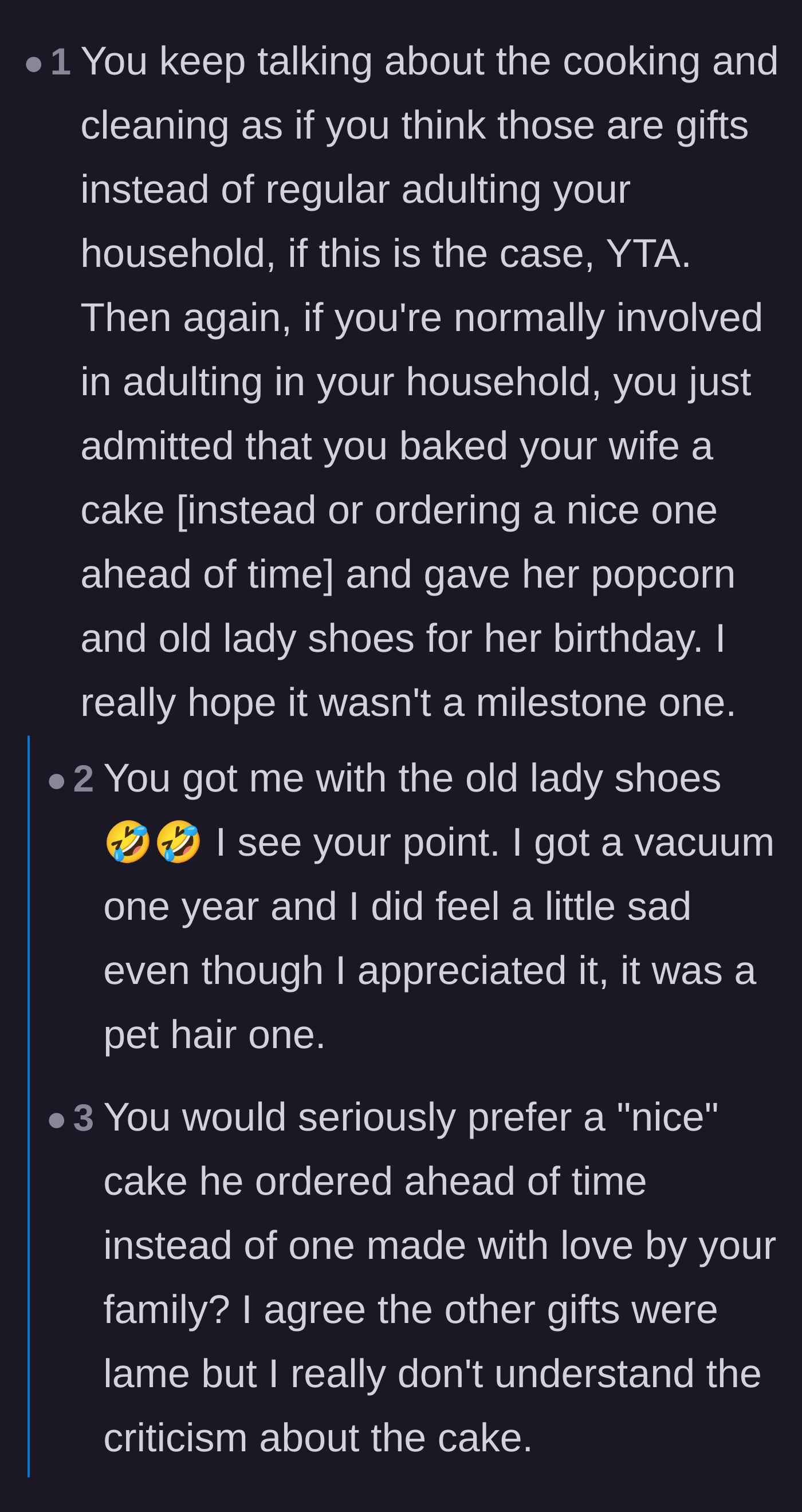 Comment thread 2 - Discussion on practical household gifts versus personal presents and neglected spouses sharing their stories