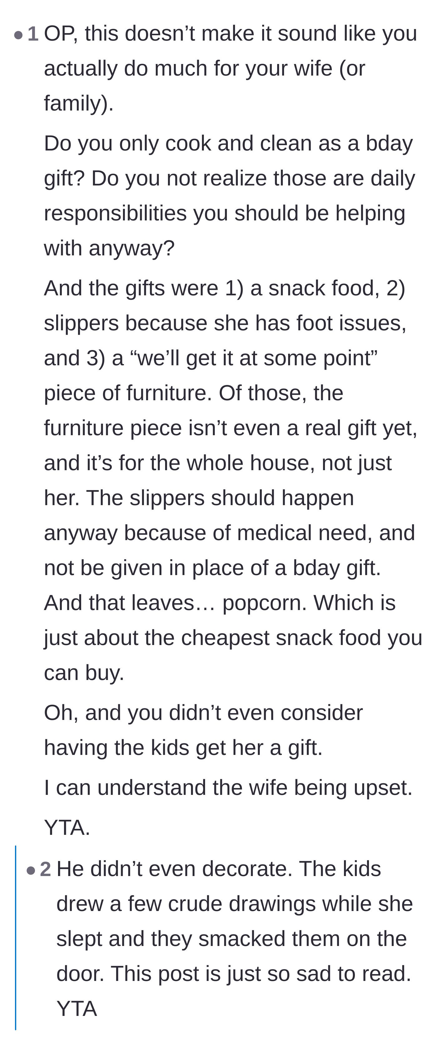 Comment thread 3 - Criticism of promising future secondhand furniture instead of giving a thoughtful gift
