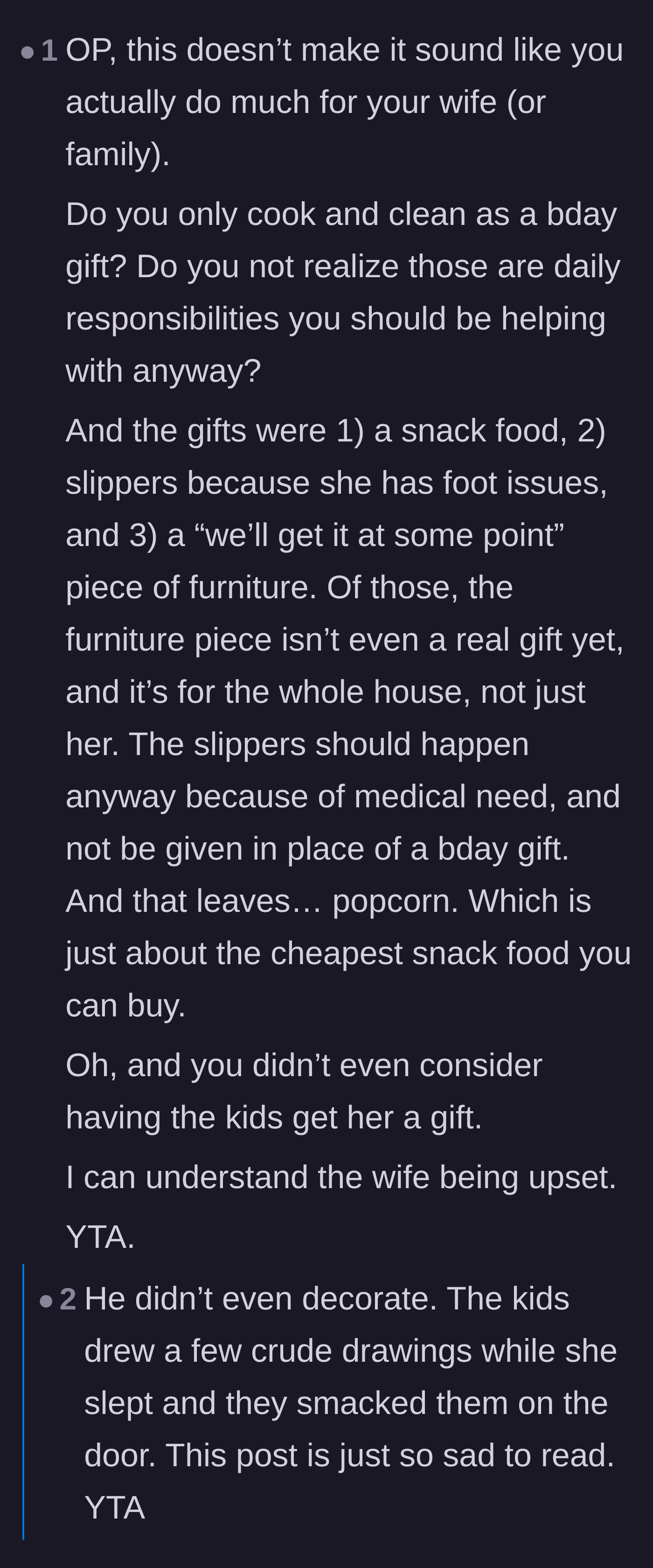 Comment thread 3 - Criticism of promising future secondhand furniture instead of giving a thoughtful gift