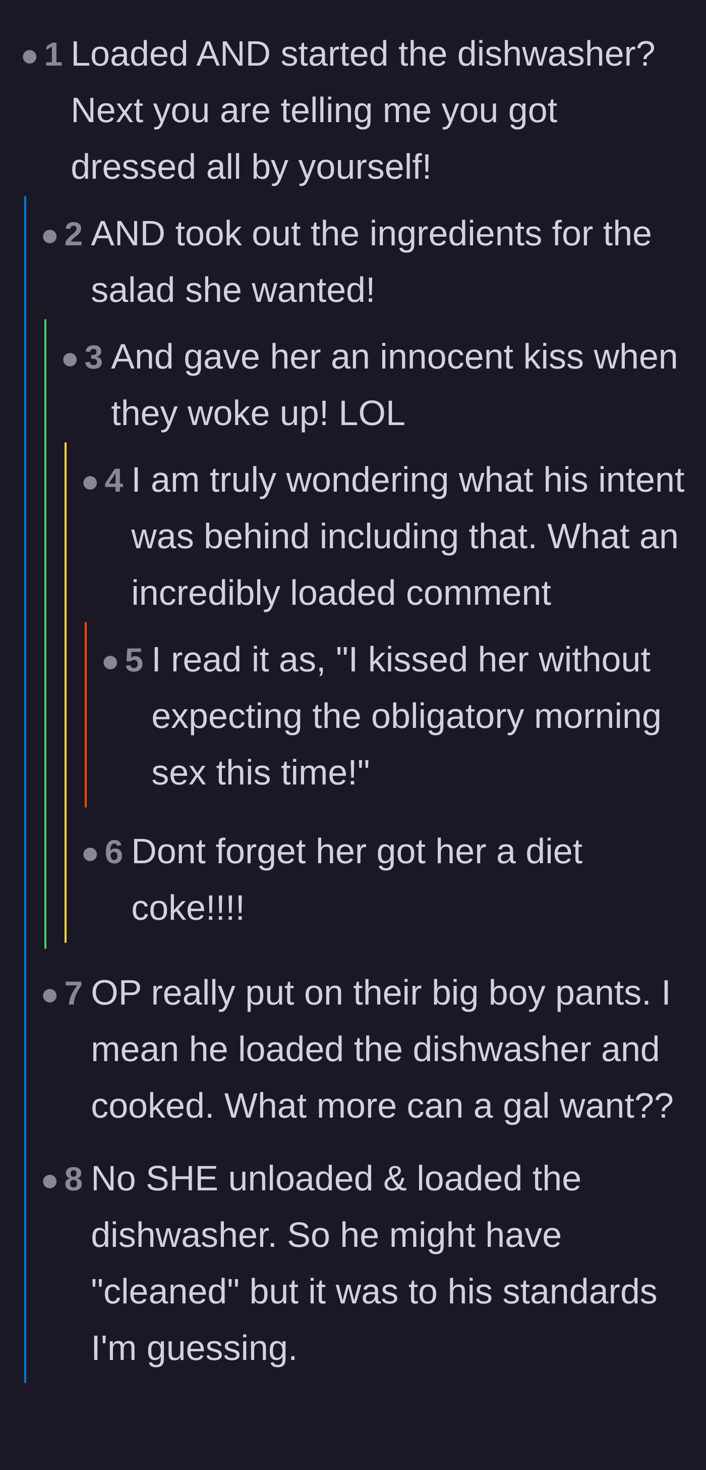 Comment thread 4 - Sarcastic reactions to the husband praising himself for starting the dishwasher and taking out ingredients