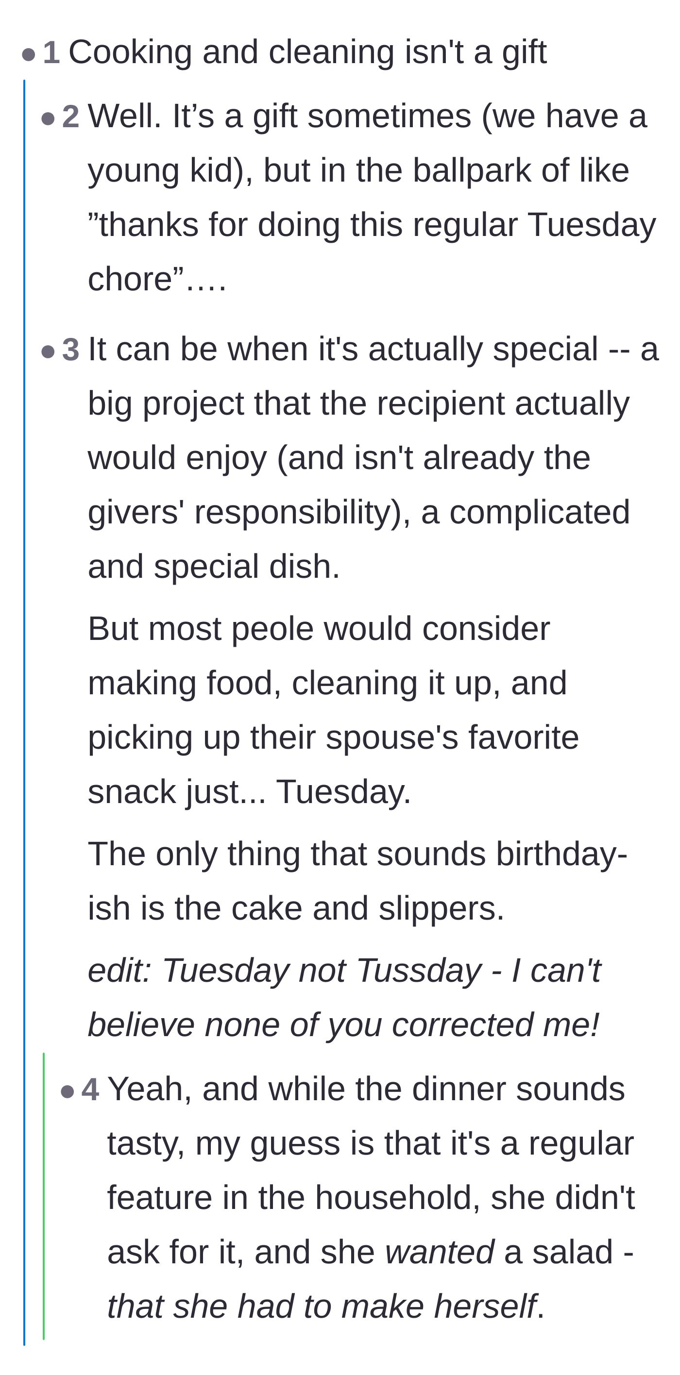 Comment thread 6 - Debate over why everyday cooking and cleaning only feel like a gift when one partner is chronically overworked