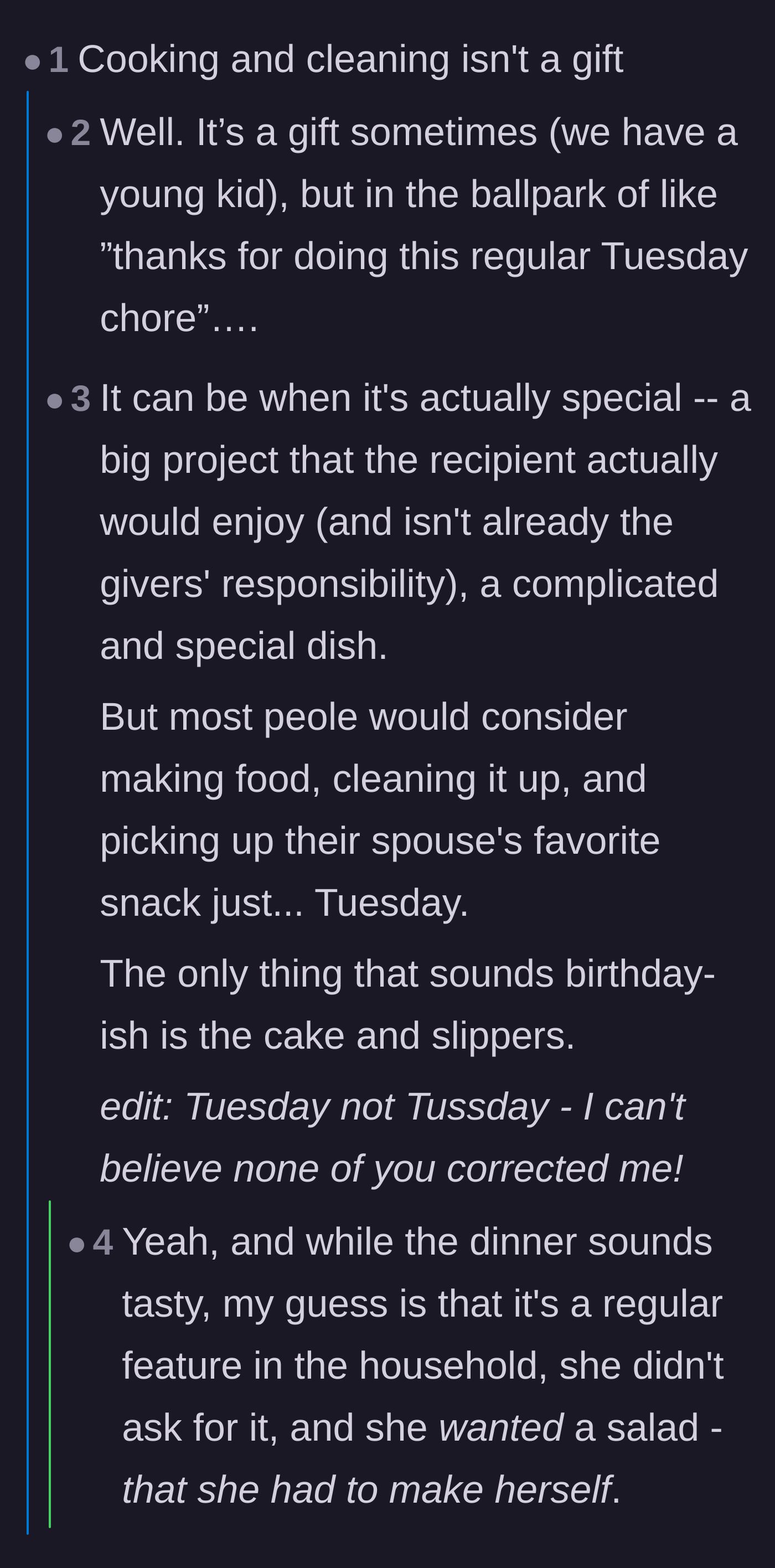 Comment thread 6 - Debate over why everyday cooking and cleaning only feel like a gift when one partner is chronically overworked