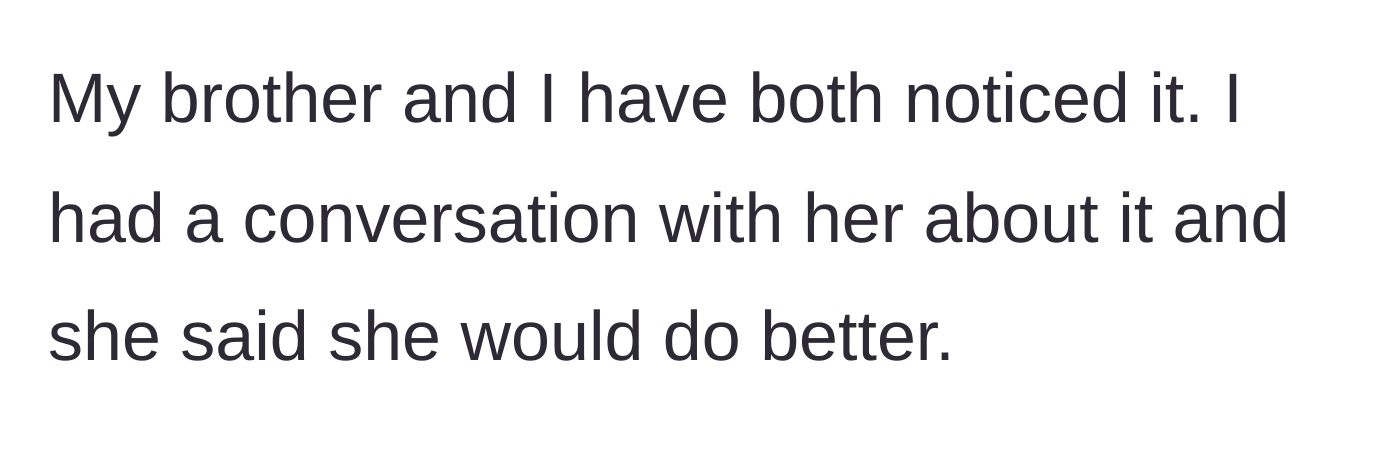 Story part 2 - The older siblings address the one-sided dynamic, and the younger sister promises to improve.