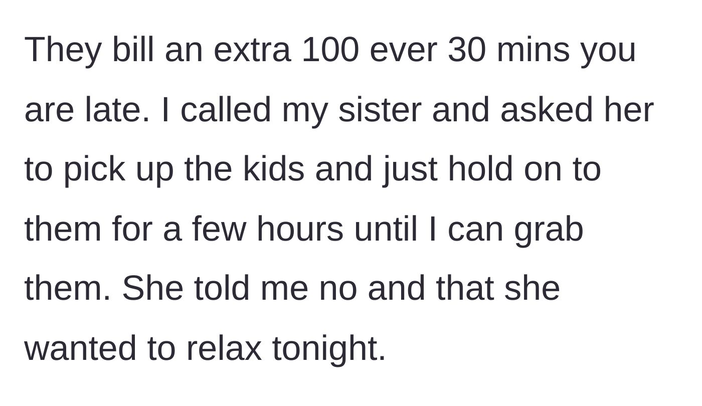 Story part 5 - Facing steep late fees, the sister calls her younger sibling, who refuses the favor to 'relax.'