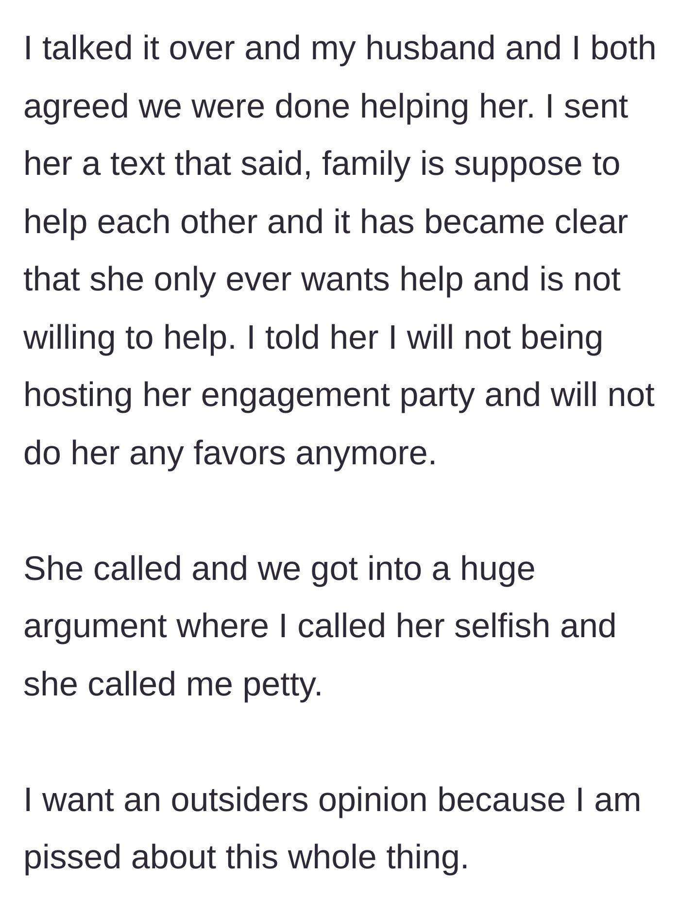 Story part 9 - The older sister cancels the engagement dinner and sets a strict boundary, resulting in a fierce argument.