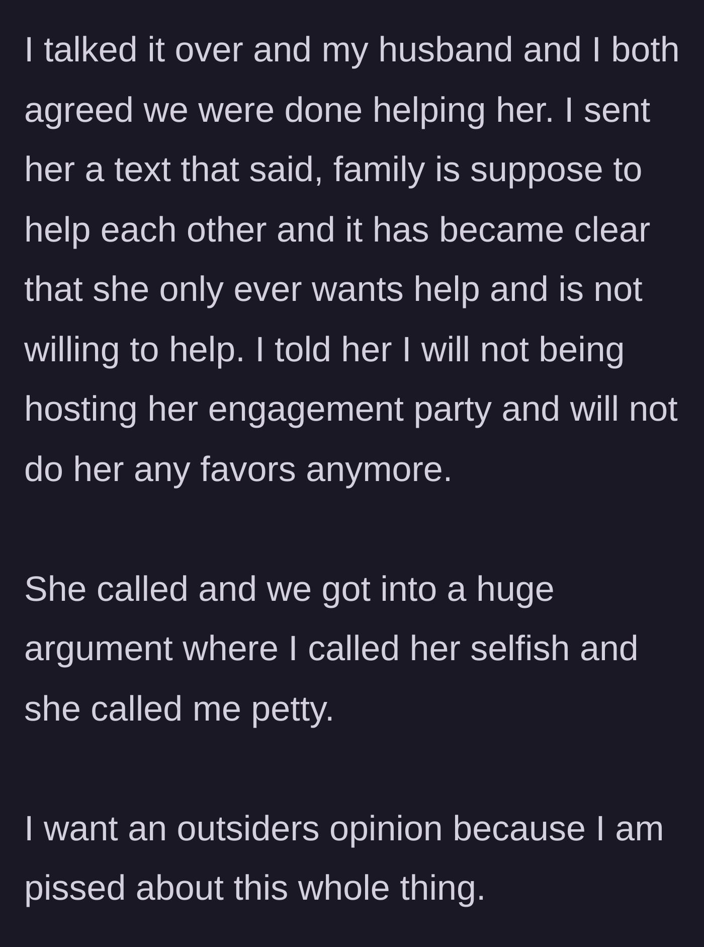 Story part 9 - The older sister cancels the engagement dinner and sets a strict boundary, resulting in a fierce argument.